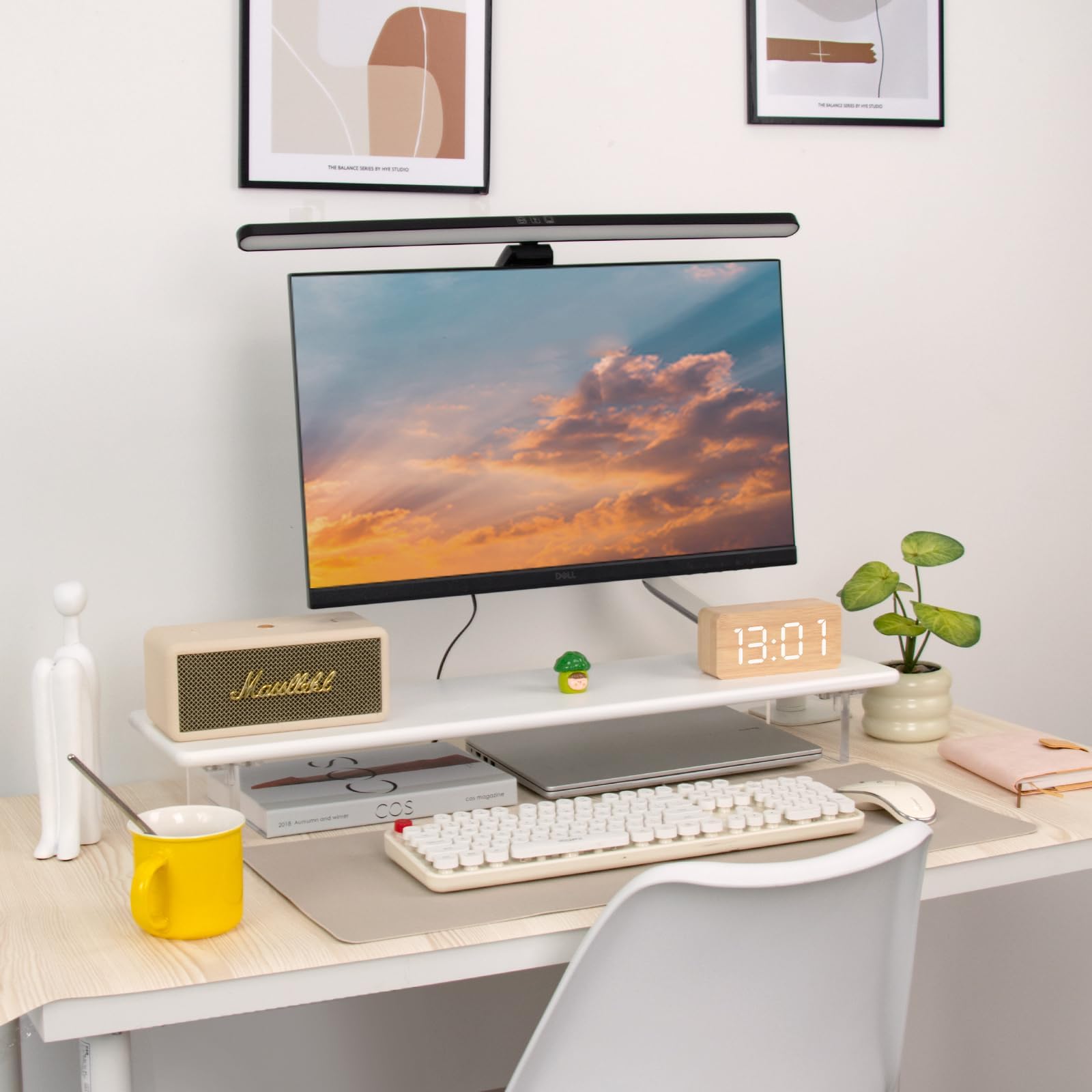 Bambus-Monitorständer mit Acrylfüßen für Schreibtisch, 31,5 Zoll Desktop-Ablage für PC-Monitore, Laptops, Drucker, Lautsprecher (Weiß)