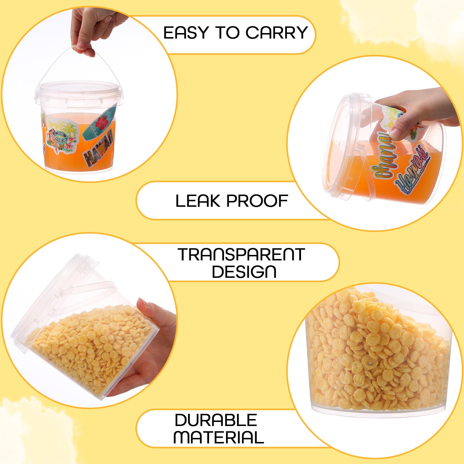 PerKoop 20 Pcs 32 oz Ice Cream Buckets with Lids and Handles Clear Cocktail Rum Buckets for Drinks with 200 Hawaii Stickers Plastic Transparent Tub Reusable Food Storage Containers for Parties