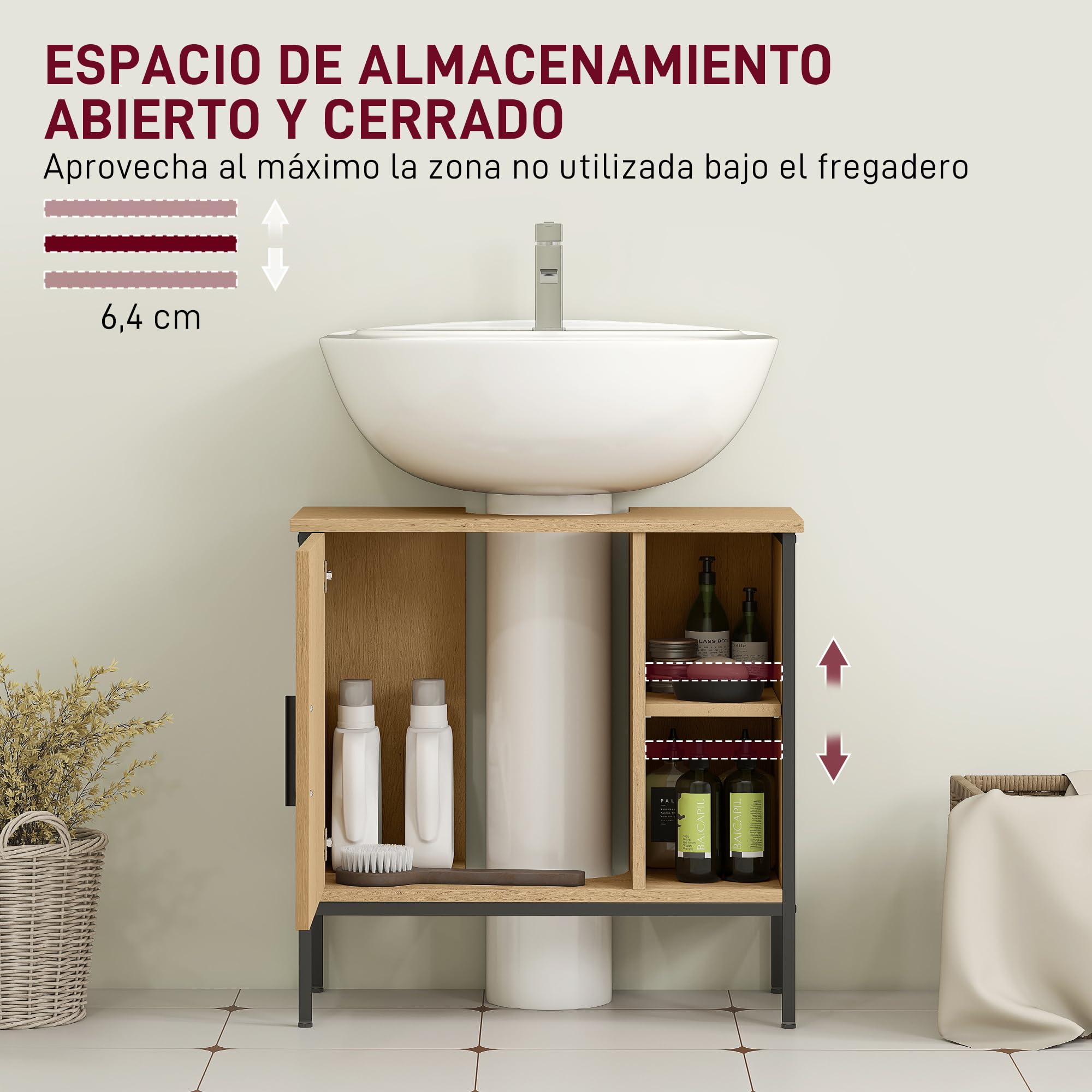 HOMCOM Mueble bajo Lavabo Mueble de Baño con Puerta y Estante Ajustable para Lavabo con Pedestal 60x30x59,5 cm Roble