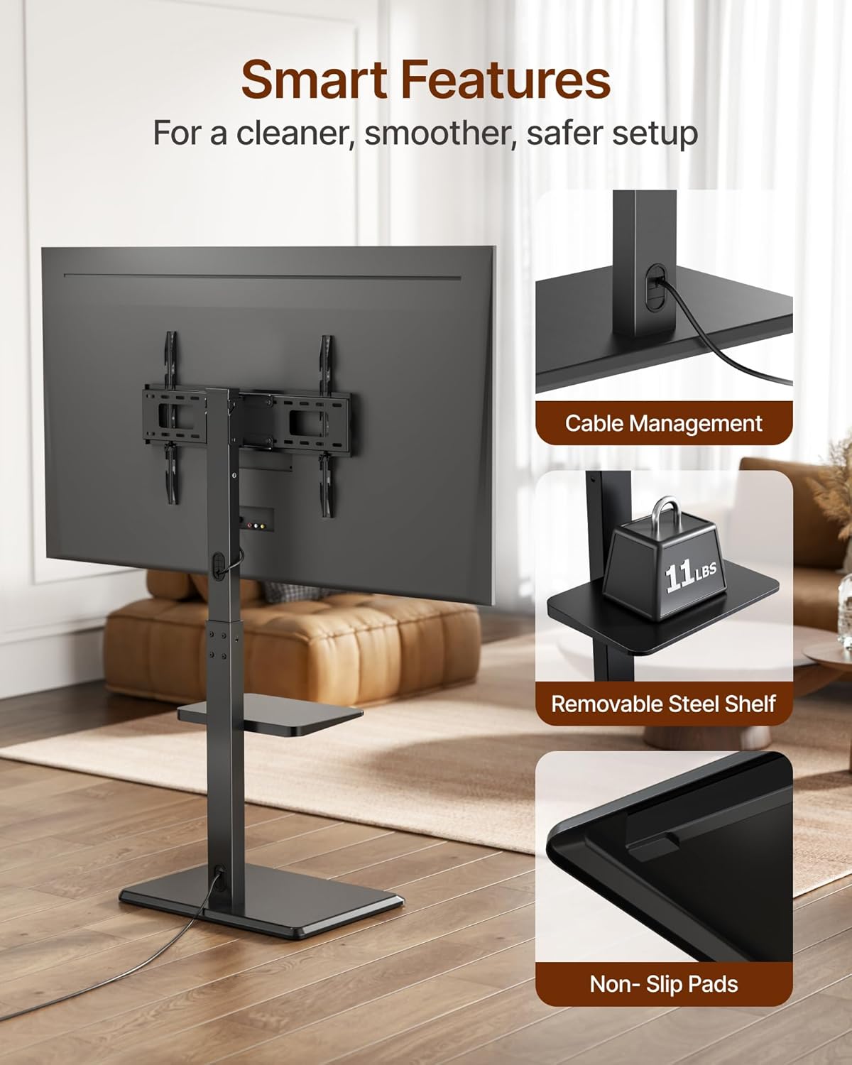 Steel Base Floor TV Stand for 32-75 inch TVs up to 110 lbs, Leveling & Tilt & Swivel TV Stand with Hidden Wire Management, Height Adjustable Tall TV Stand with Steel Shelf, Black