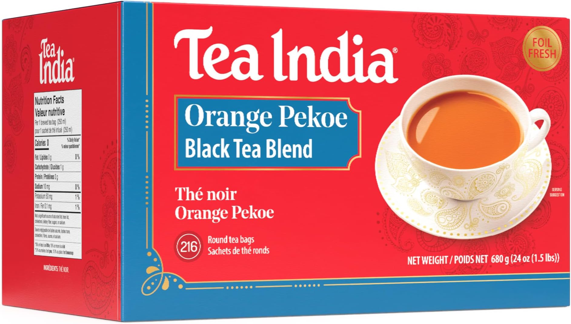 Tea India Orange Pekoe Black Tea Chai Flavorful Blend Of Black Tea & Natural Ingredients Strong Full-Bodied Traditional Indian Caffeinated Tea 216 Round Teabags