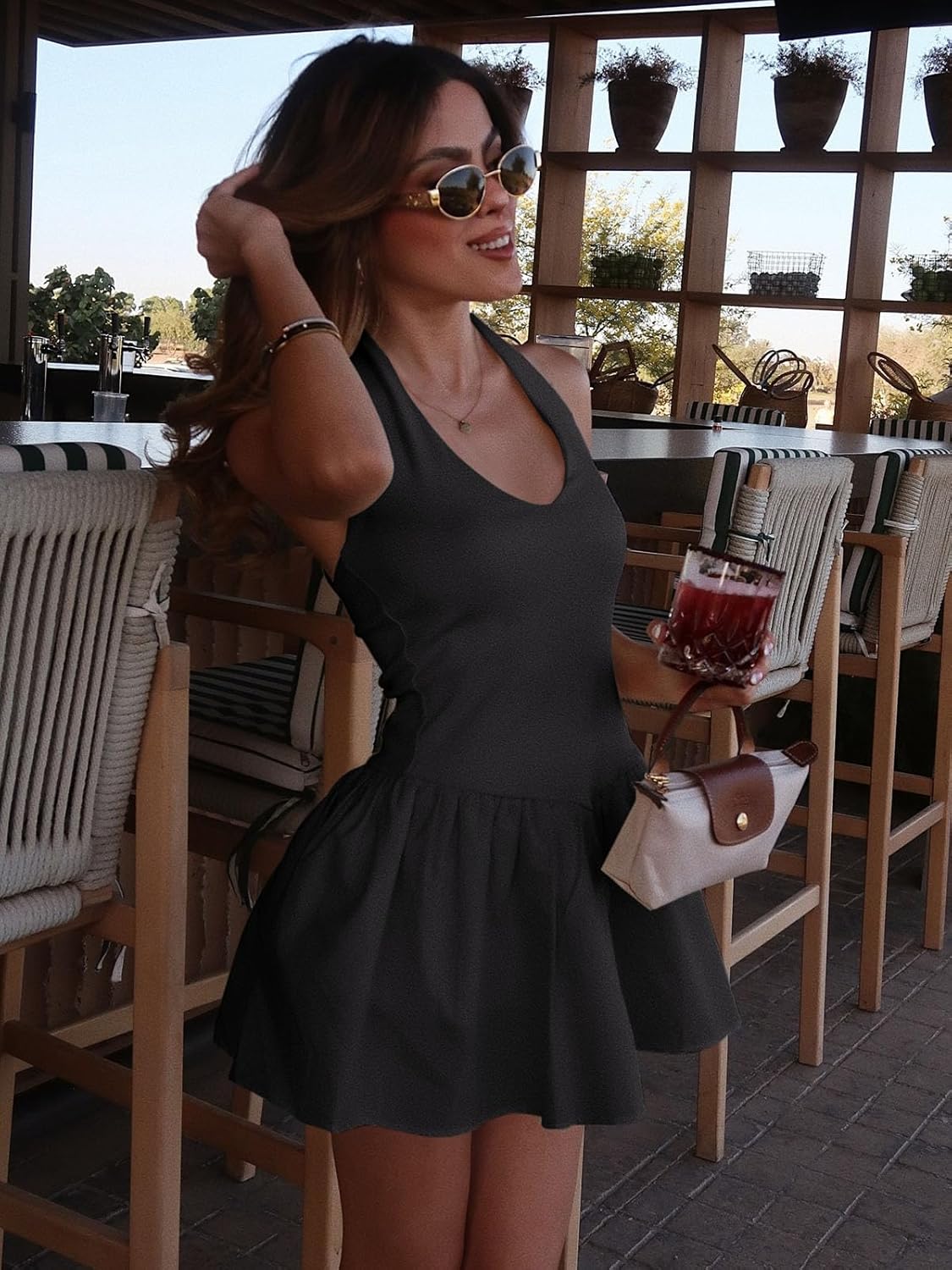 REORIA Women's Sexy Deep V Neck Halter Mini Dress Sleeveless Backless Flare Party Dresses