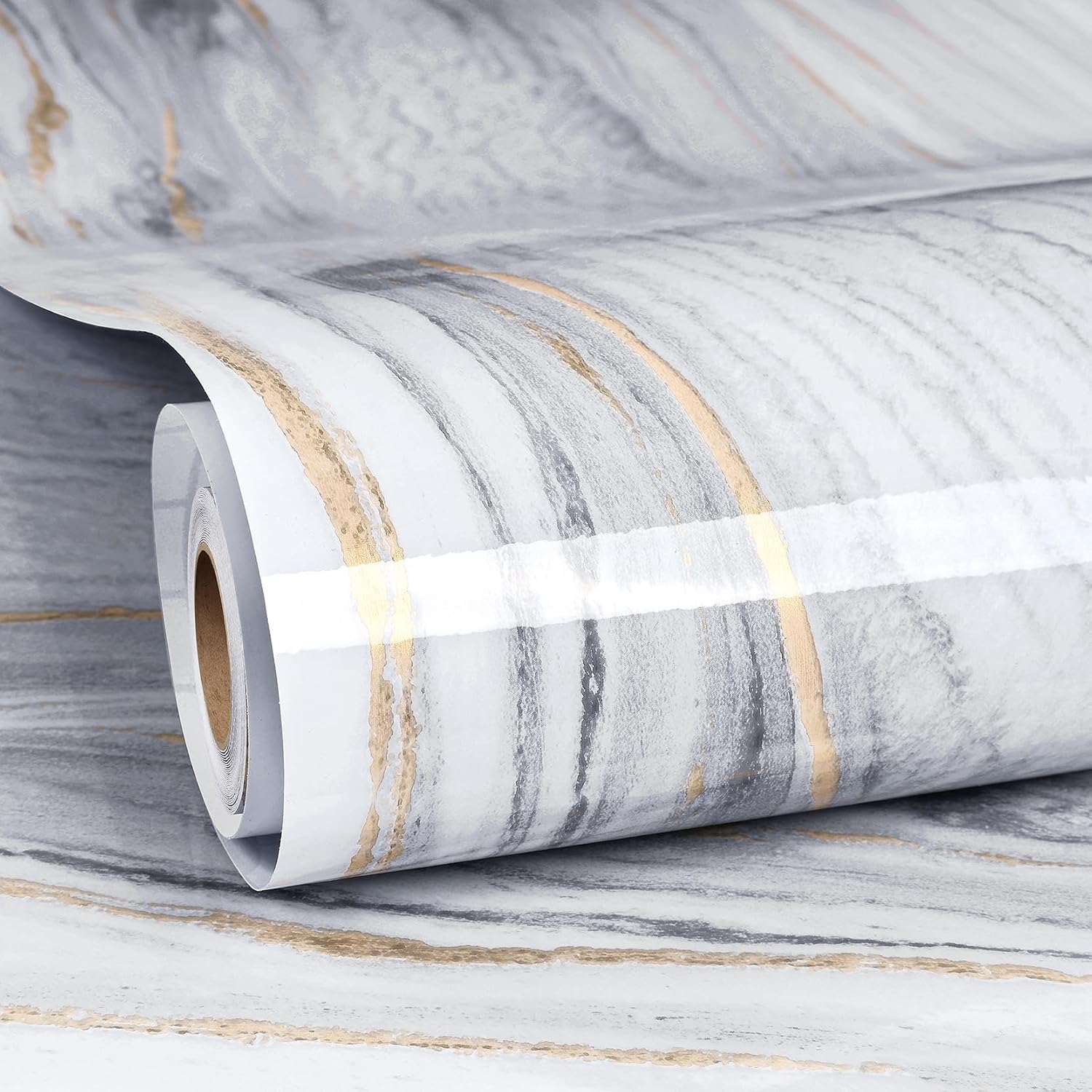 ReWallpaper 17.7inx23ft Glossy Marble Wallpaper Peel and Stick for Bathroom Self Adhesive White and Gold Marble Contact Paper for Countertops Waterproof Kitchen Countertop Contact Paper Vinyl Roll