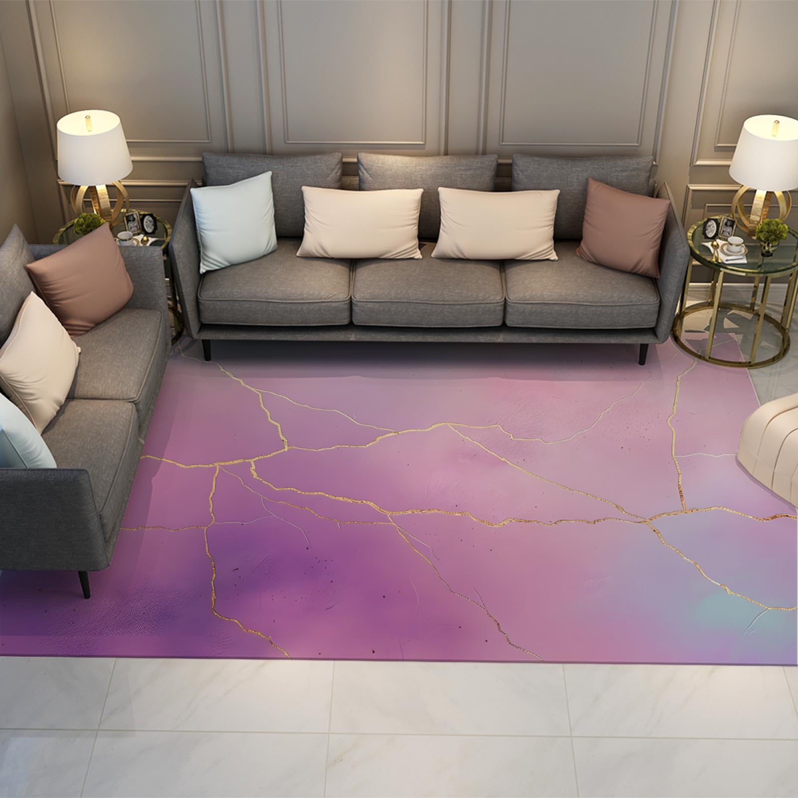 Tappeti viola per soggiorno Tappeto lavabile con struttura dorata astratta Tappetino da cucina antiscivolo Tappetino da comodino per camera da letto per ragazze 90x150cm