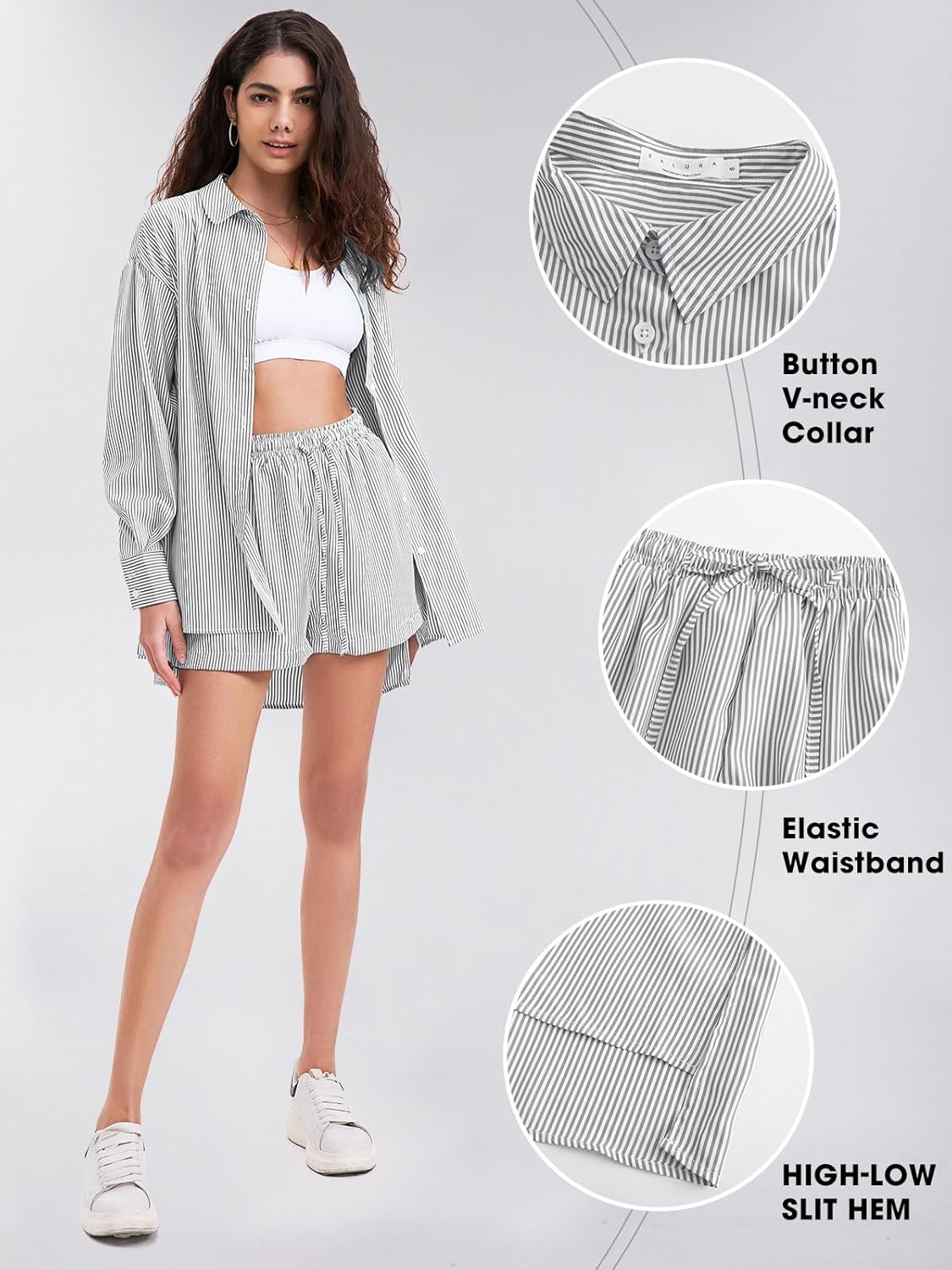 EXLURA Women's Summer 2 Piece Sets Long Sleeve Button Down Shirts Matching Short Sets Beach Vacation Cruise Outfits 2026 - Image 2