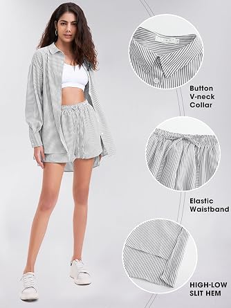 EXLURA Women's Summer 2 Piece Sets Long Sleeve Button Down Shirts Matching Short Sets Beach Vacation Cruise Outfits 2026