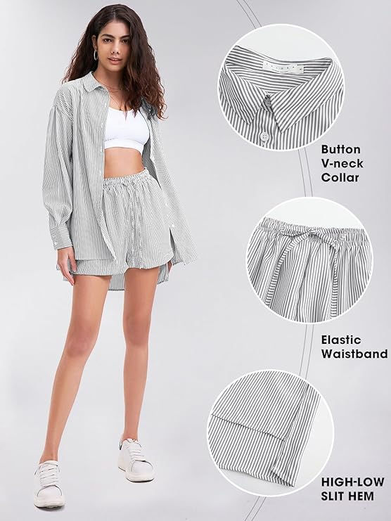 EXLURA Women's Summer 2 Piece Sets Long Sleeve Button Down Shirts Matching Short Sets Beach Vacation Cruise Outfits 2026