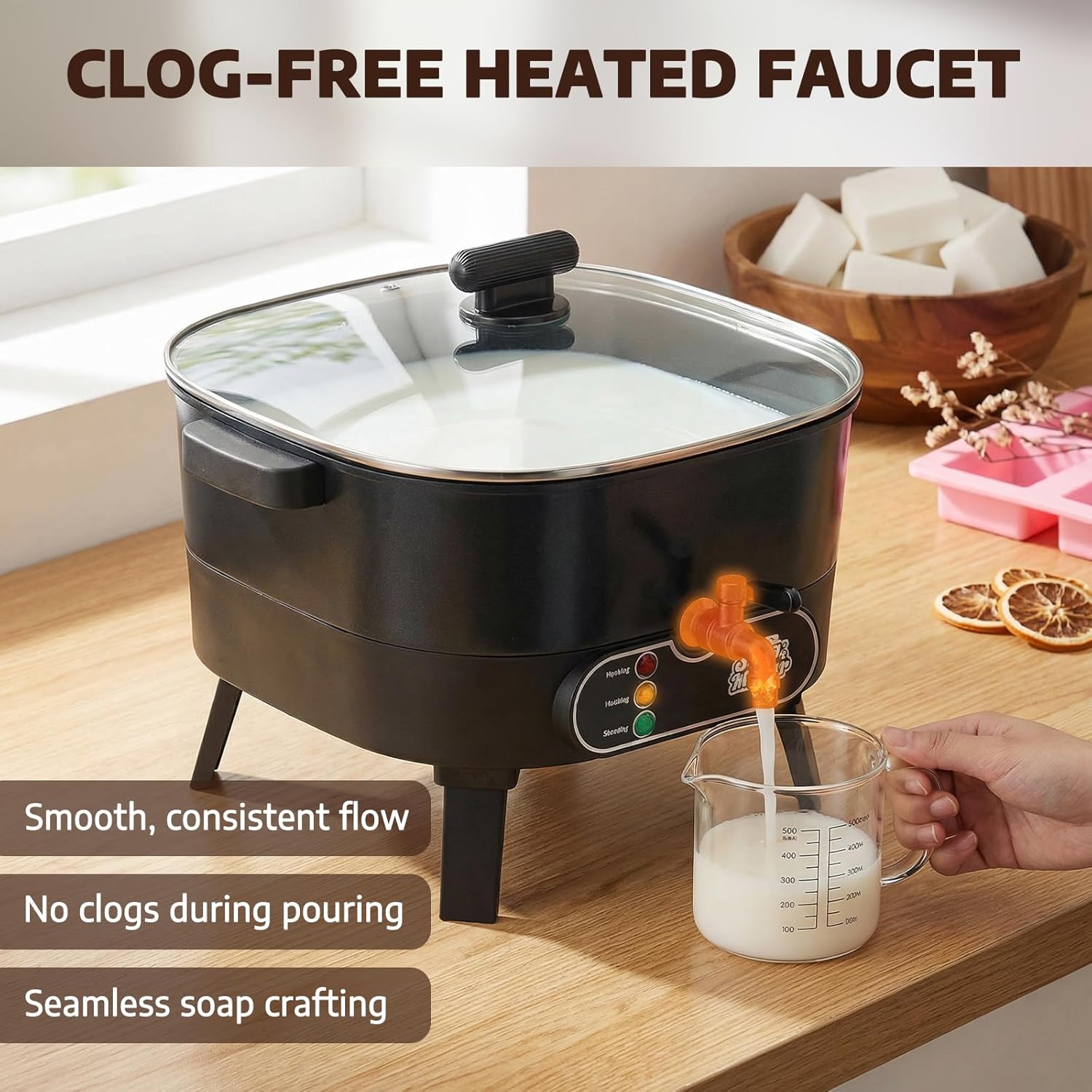 OFFNOVA Soap Melter Machine 12.7Lbs - One-Touch Smart Temp Control, Heated Anti-Clog Faucet, Fast Uniform Melt for Glycerin/Goat Milk Soap Base & Soy Wax, Ideal for Homemade Soap Business, Black