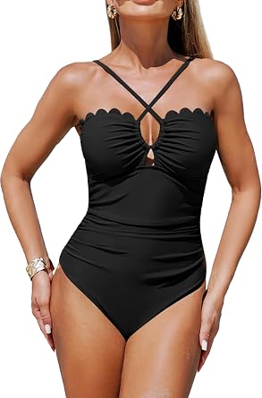 Womens One Piece Swimsuits Tummy Control Slimming Scalloped Bathing Suit Sexy Cut Out Criss Cross Ruched Swimwear