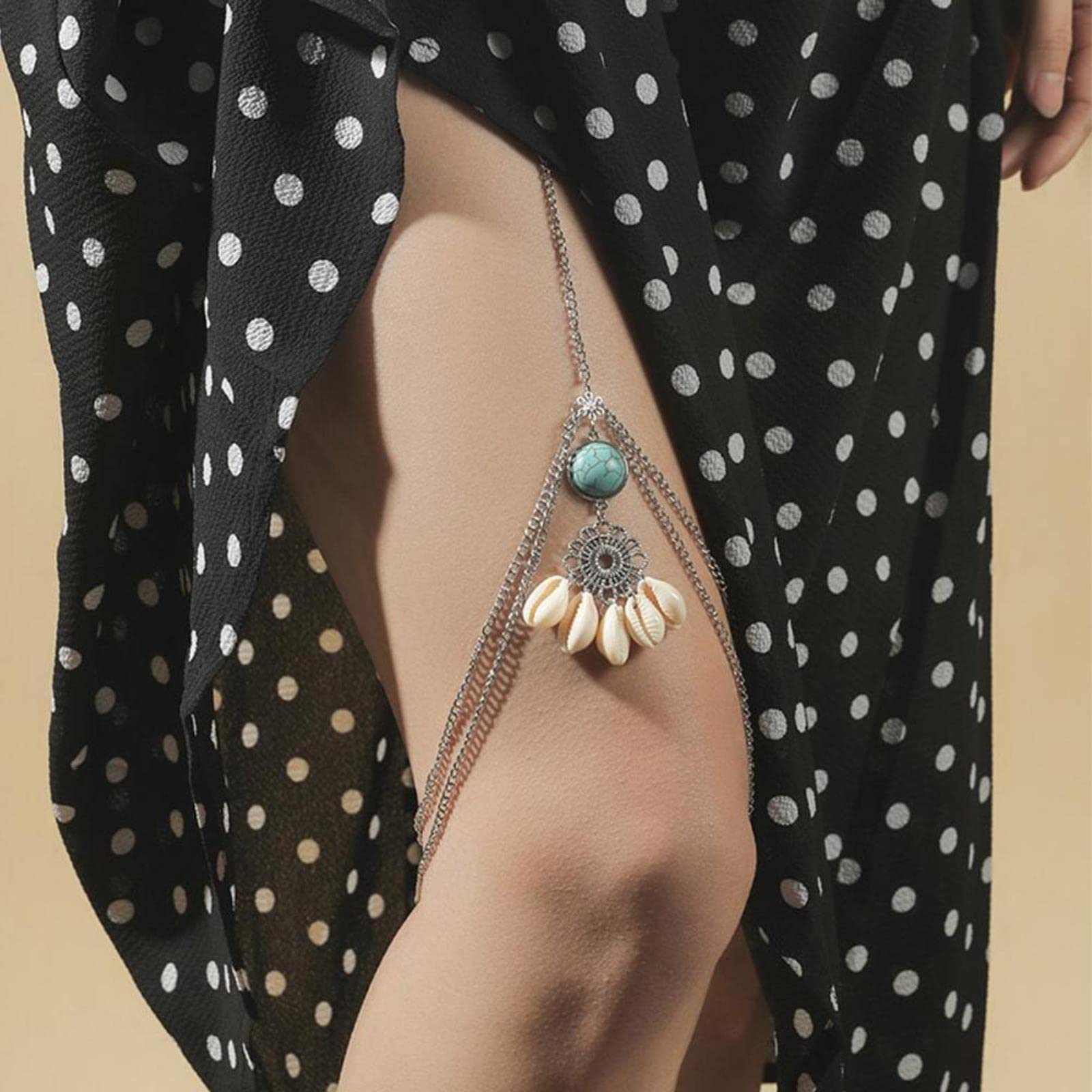 RWRAPS Böhmische Beinkette Sexy Frau Metall Perlenkette Oberschenkelkette für Frauen Schlangenanhänger Beinkette Körperschmuck Strandstil Geschenke