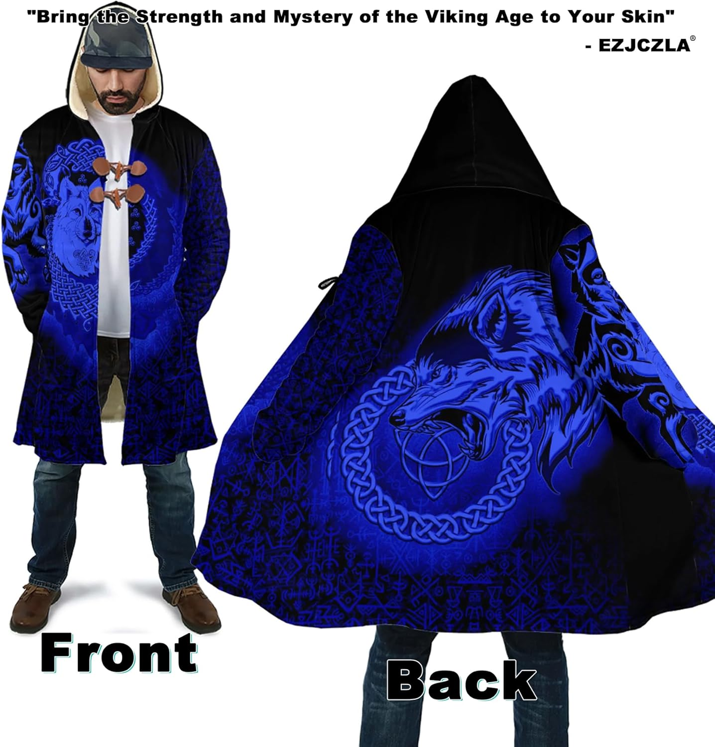 Viking Men's Winter Shearling Thick Warm Jacket Bathrobe Norse Myth Fenrir Wolf Hooded Coat Novelty Oversize Parkas