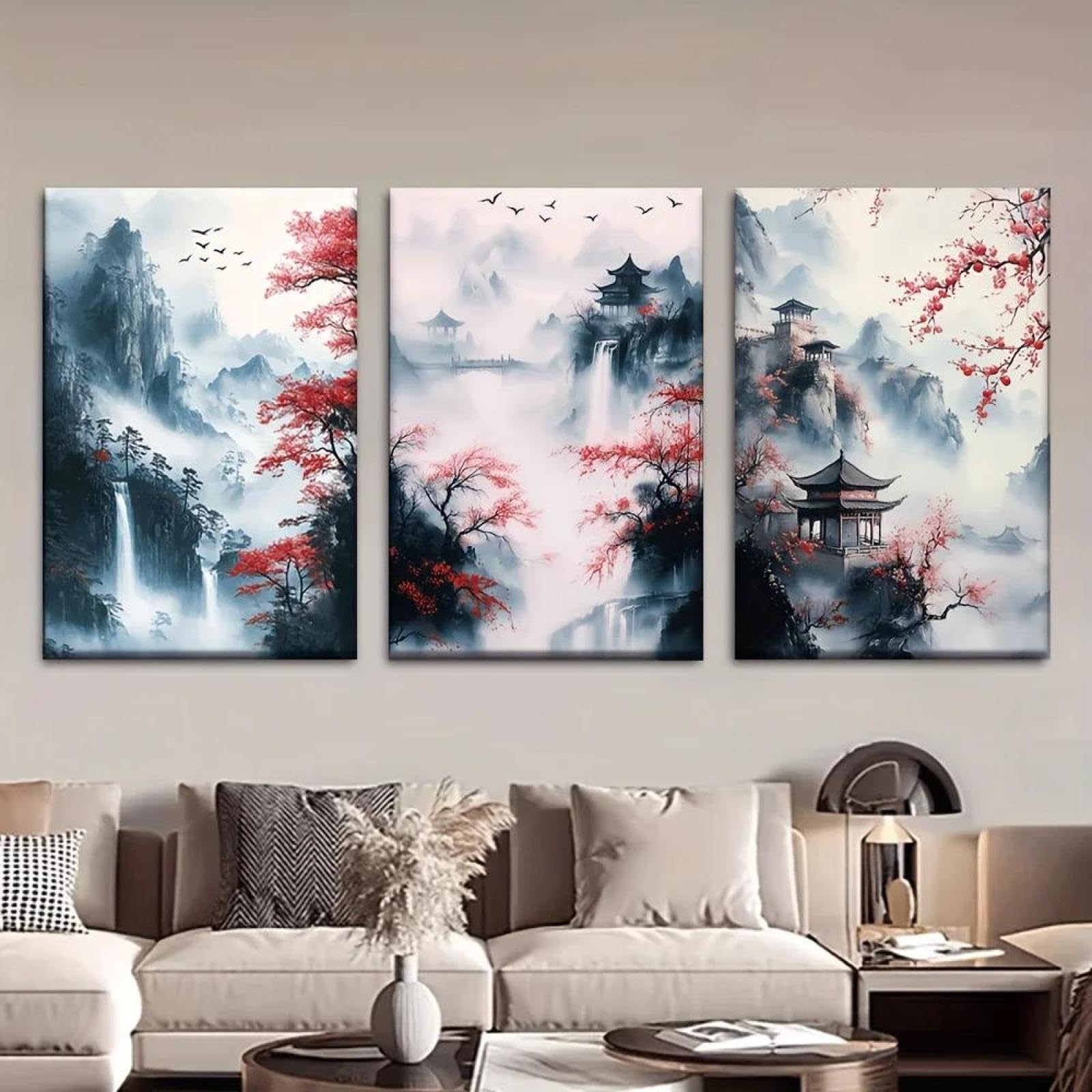 Yocheng 3pcs/Set, Canvas Painting, Chinese Ink Painting, Cherry Blossom Trees, Pagodas And Waterfalls, Posters And Prints 60x80cmx3 No Frame