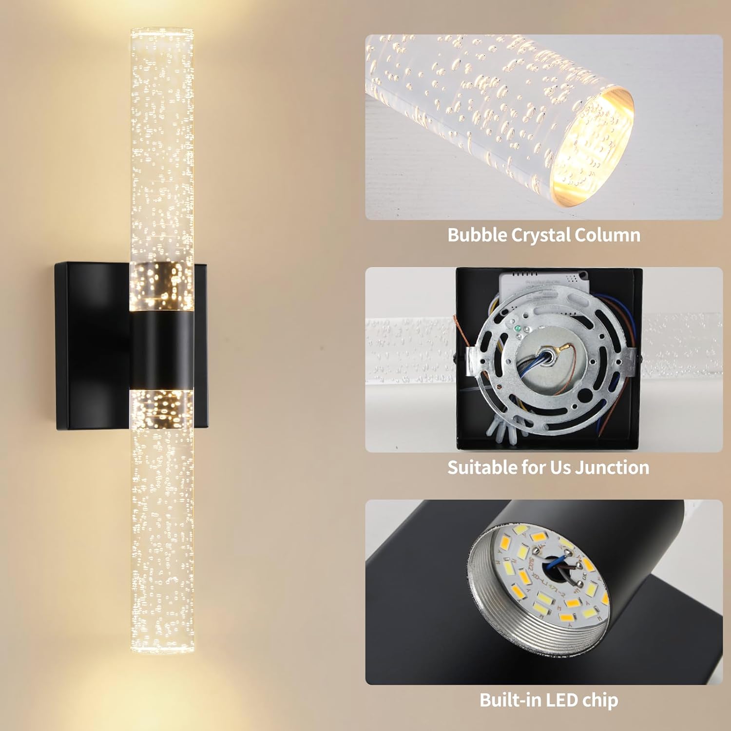 Black Modern LED Wall Sconces Set of Two 3000K-6000K Crystal Bathroom Sconce Lights 12W LED Vanity Light Bar Wall Lights for Bedroom Living Room, 18 Inch, 3 Color Temperature Adjust