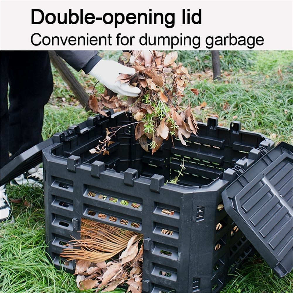 Person adding dry leaves to the compost bin through the double-opening lid
