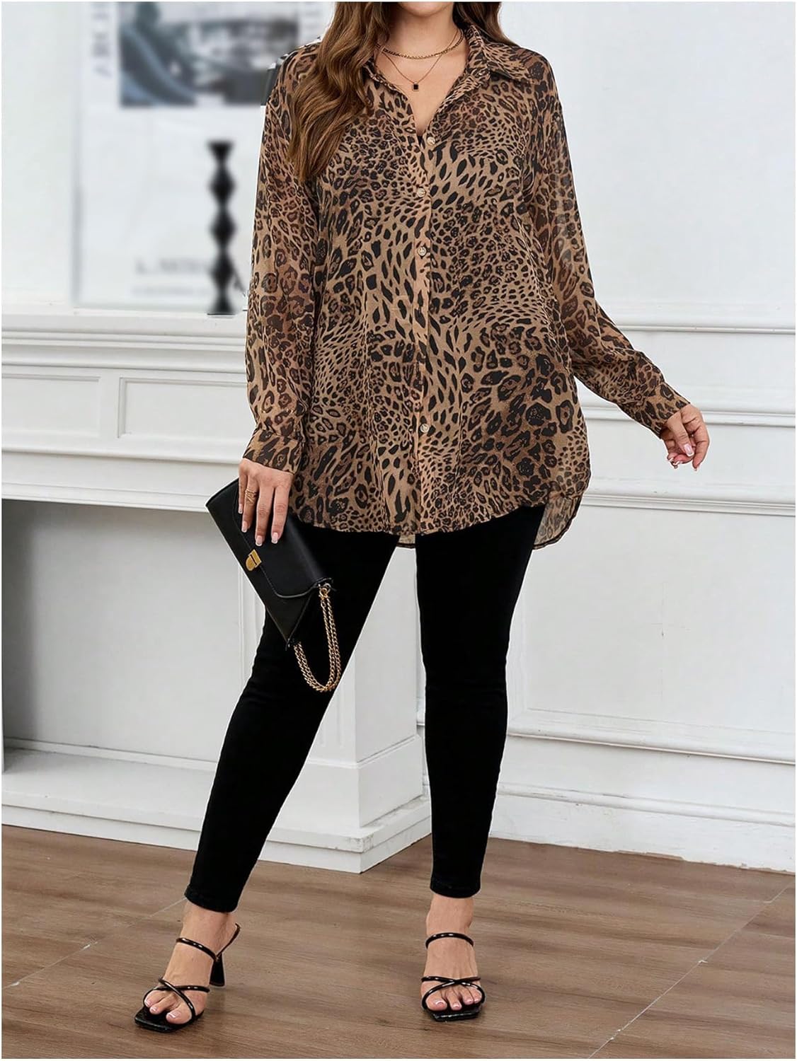 WDIRARA Women's Plus Size Leopard Print Sheer Blouse Button Front Long Sleeve Shirt - Image 6