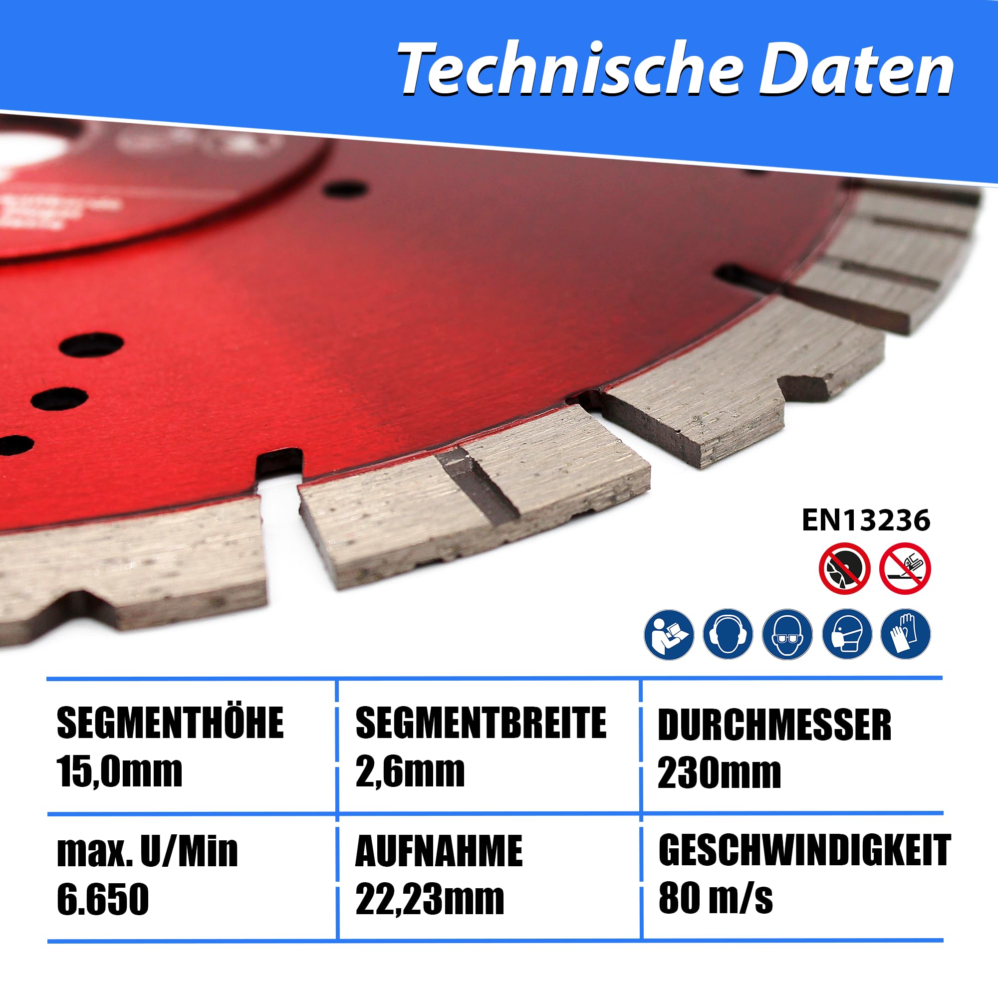 Diamant-Trennscheibe 230mm x 22,23mm - Segment 15mm - für Hartgestein Kunststeine Stein Ziegel Granit Granitborde Stahlbeton Naturstein Beton Diamantscheibe 230 mm - in Premium Qualität
