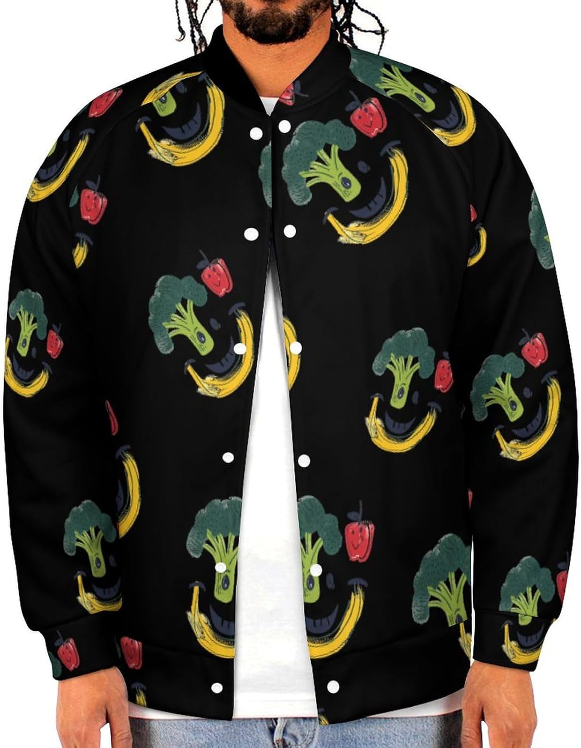 Broccoli Banana Face Novelty Men's Baseball Jackets Causal Sweatshirt Button Top Long Sleeve Coat