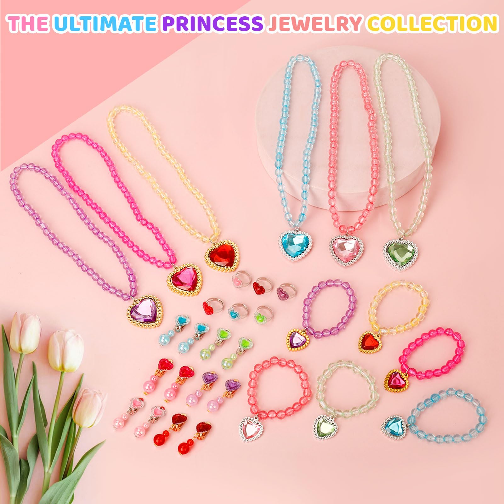 Kinder-Schmuck für Mädchen, 30 Stück, Prinzessinnen-Kostüm, Spielzeug, Spielzeug für Mädchen im Alter von 4–6 Jahren, Kleinkind-Halskette, Armband, Ring, Clip-on-Ohrringe, Kostümschmuck
