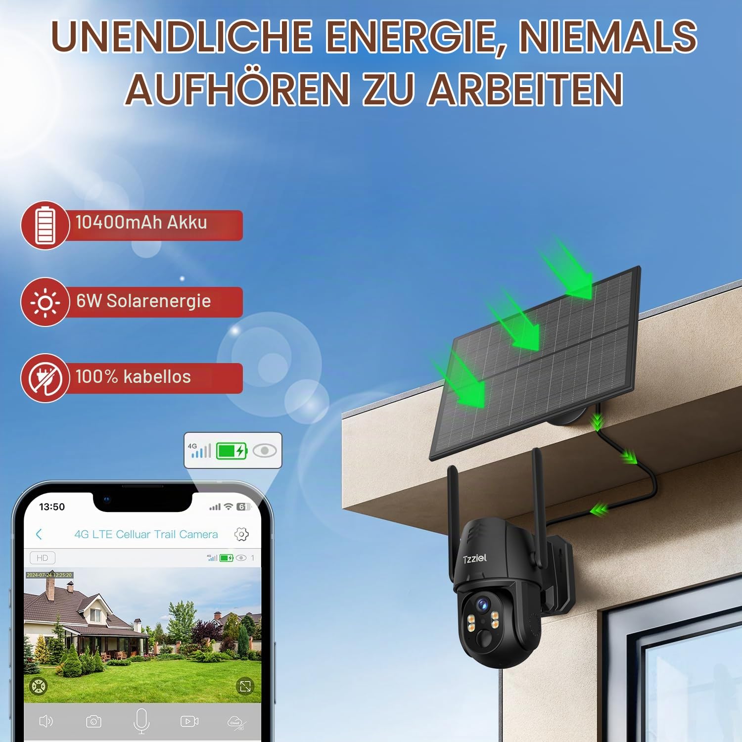 4G LTE Solar Überwachungskamera Outdoor Kabellos | Mit SIM Karte, PTZ-Pan-Tilt-Zoom, 2K HD Auflösung, Farb-Nachtsicht, PIR Personenerkennung (Alarmauslösung), IP66 Schutz (Staub/Wasserfest)