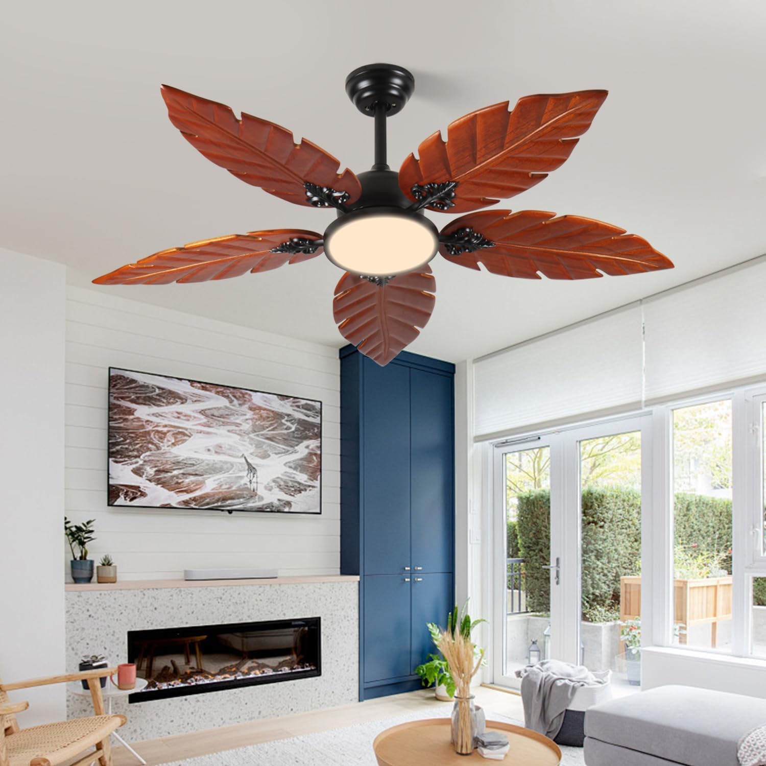 52" Tropical Ceiling Fan, Modern Palm Leaf Indoor Outdoor Ceiling Fan with Light and Remote Control, Flush Mount Ceiling Fans for Patio, Living Room, Porch, Bedroom, Noiseless (Walnut-2)