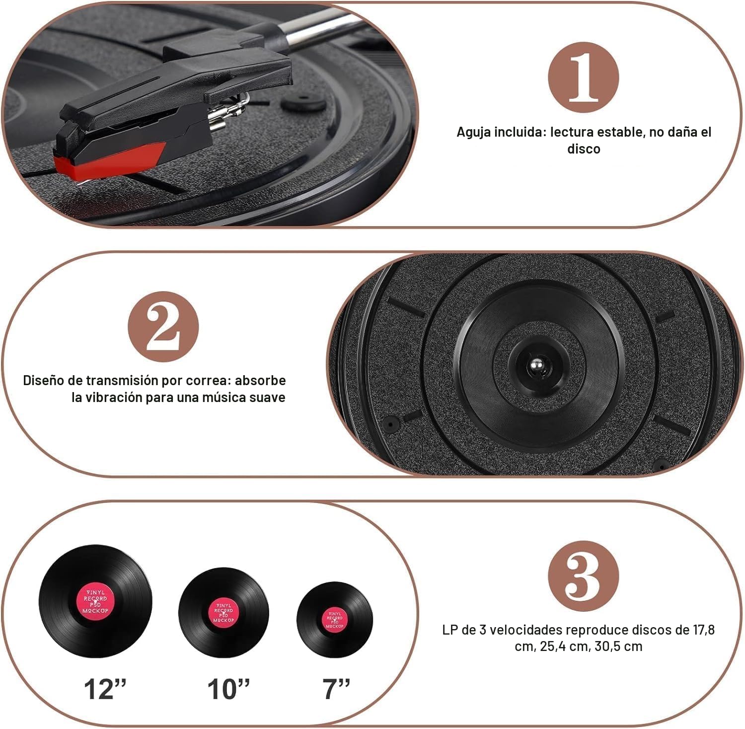 Tocadiscos de Vinilo Bluetooth con Altavoces Integrados, Compatible con Auriculares USB RCA AUX IN y gramófono portátil de 3 velocidades accionado por Correa para Entretenimiento y decoración