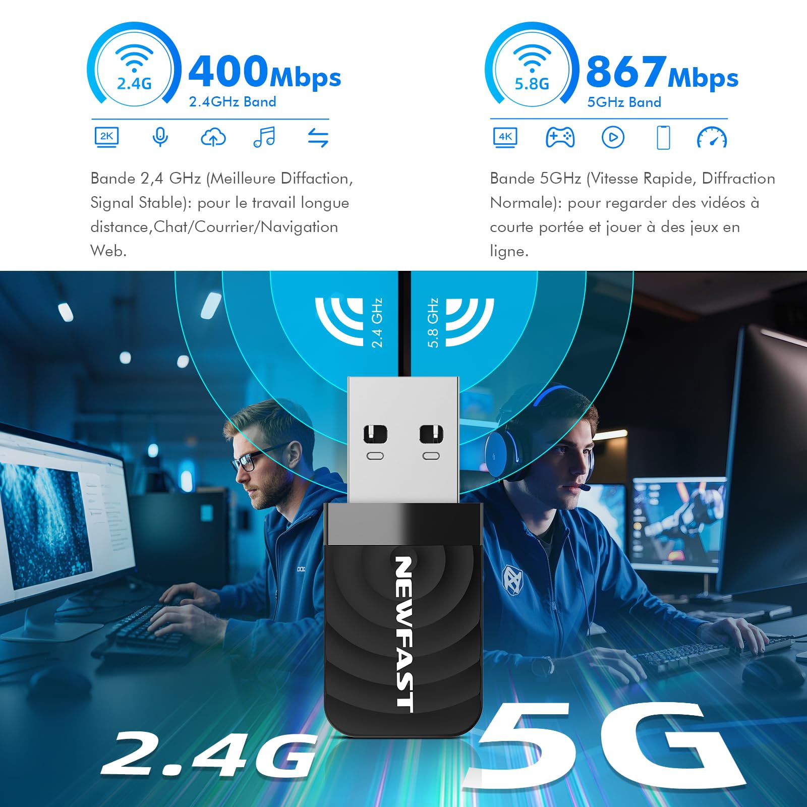 NEWFAST Clé WiFi AC1300 Mbps NF-U323, Nano Adaptateur USB WiFi Double Bande 2.4G/5GHz, MU-MIMO USB 3.0
