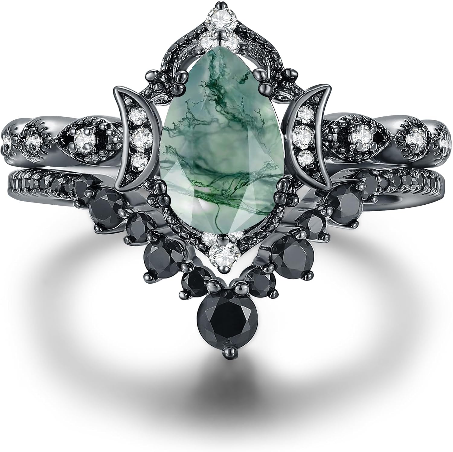 Black Gold Plated Natural Moss Agate Bridal Wedding Ring Sets for Women, 925 Sterling Silver Gothic Vintage Promise Rings and Eternity Black Spinel Band for Her - Boho Art Deco Platinum Plated Engagement Rings Size 4-9