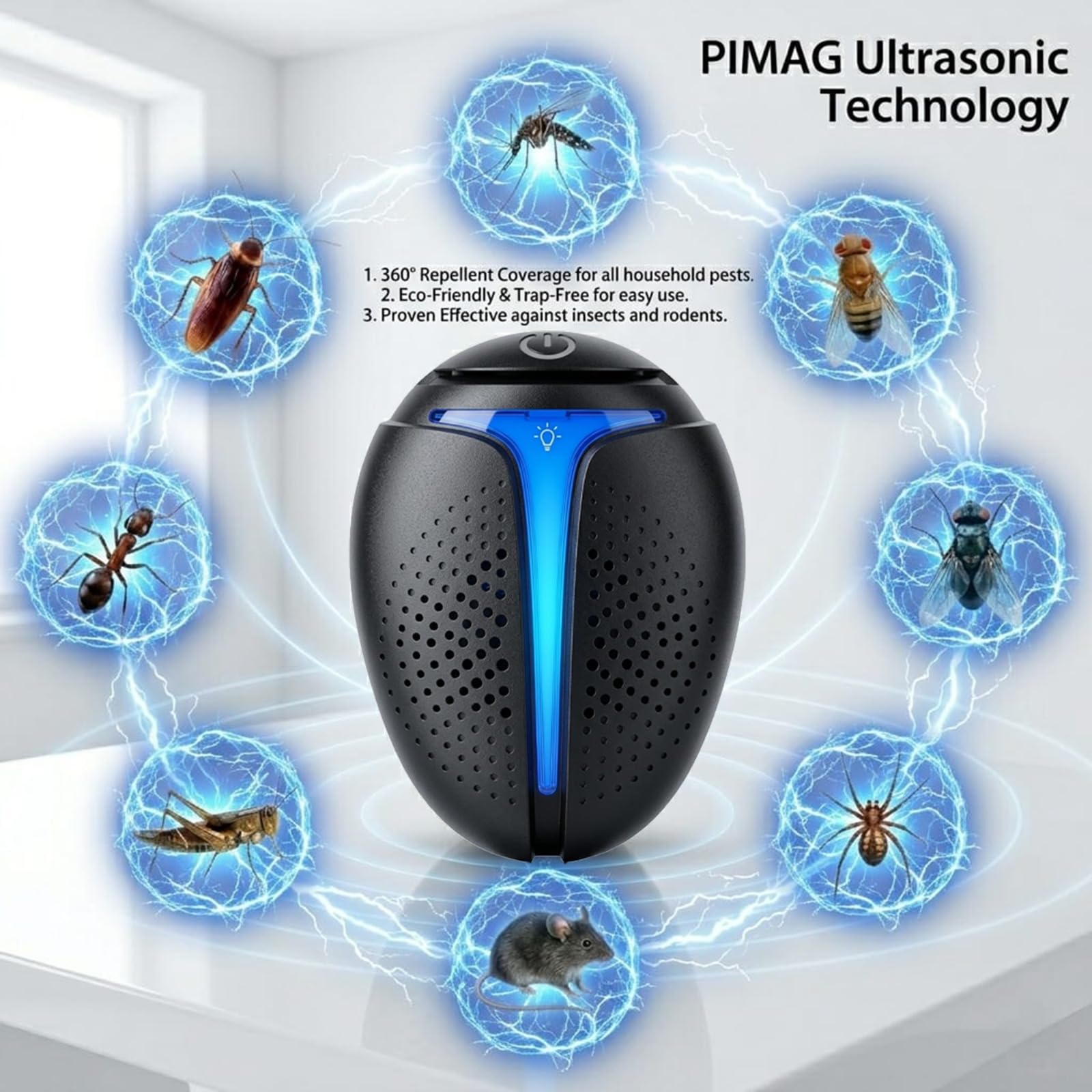 Repelente ultrasónico mejorado de insectos para interiores, control de plagas, cucarachas, roedores, ratones, insectos, mosquitos, arañas, para el hogar, oficina, almacén, 6 paquetes, color negro