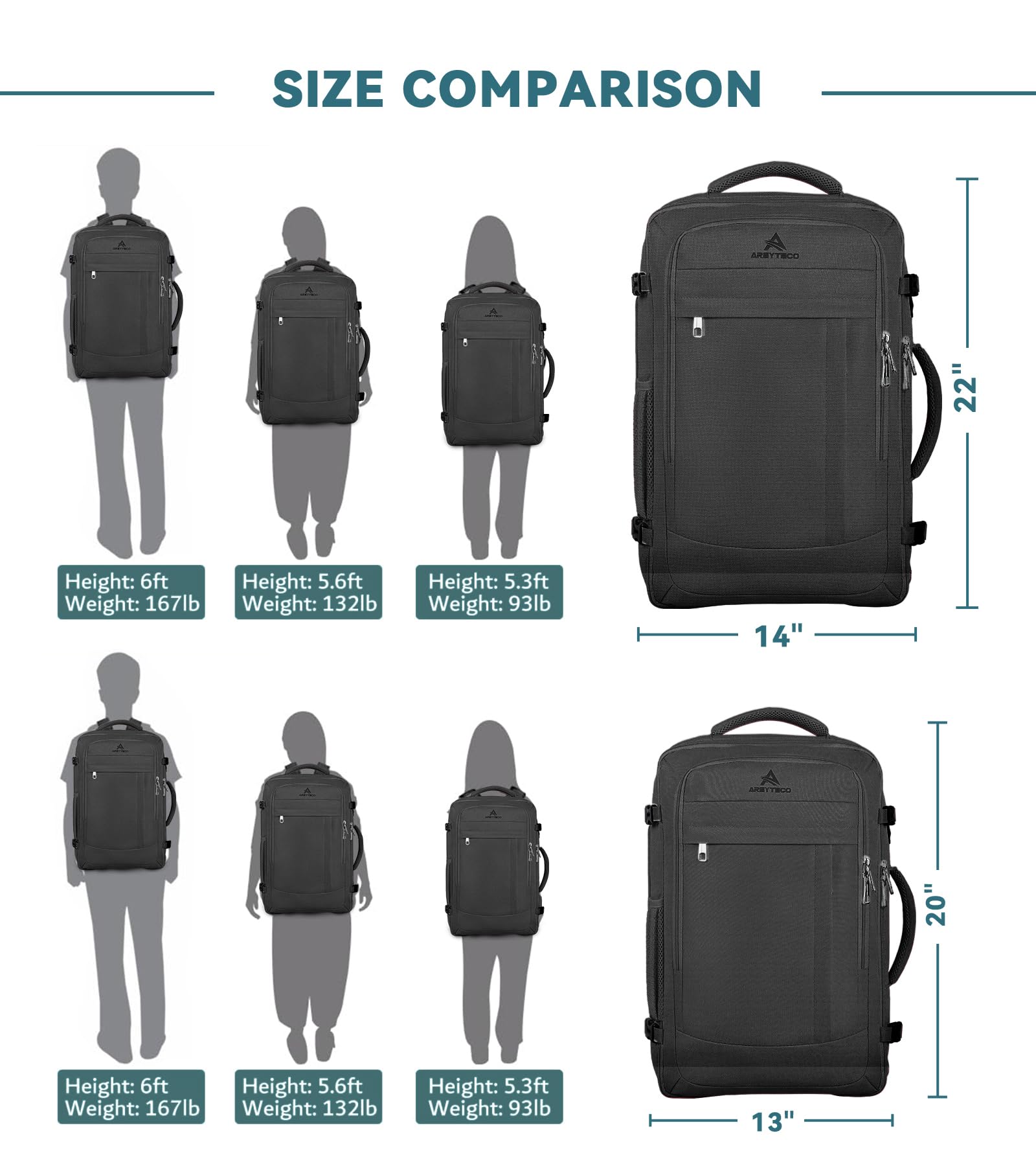 AREYTECO Mochila de viaje, 50 L, expandible, extragrande, para laptop, mochila de mano, resistente al agua, maleta de negocios, bolsa para portátiles de 17 pulgadas, regalos de viaje para hombres y
