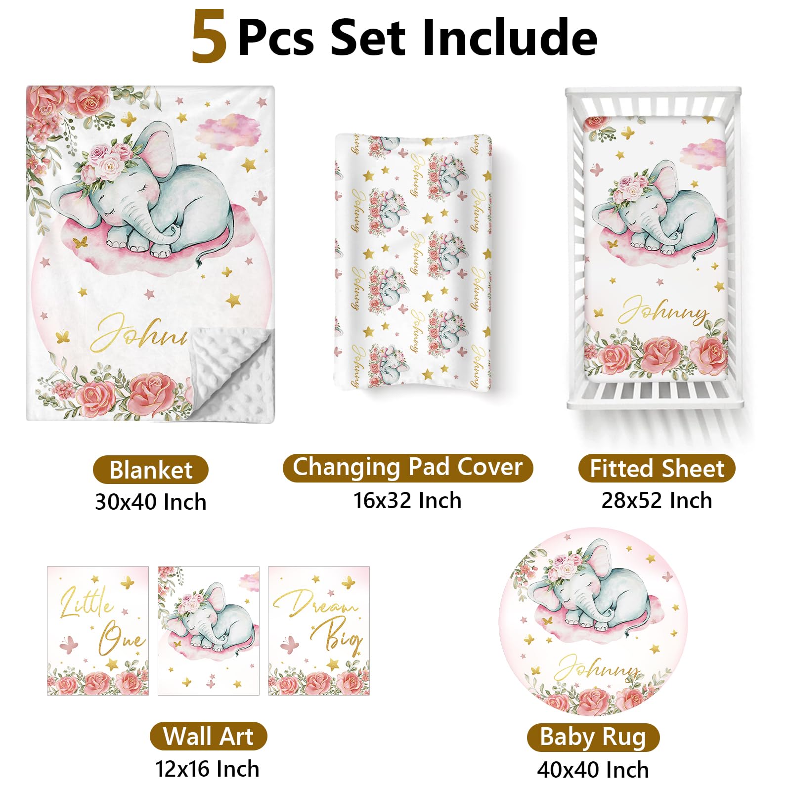 Terwex Personalized Baby Bedding Set, 5 Pcs Custom Name Bedding for Girls & Boys - Soft Toddler Crib Sets for Infant Customized Gifts, Pink Elephant