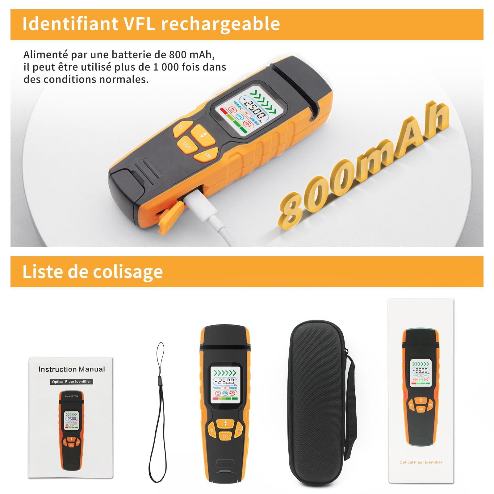 Henkion LWL Tester à main Identificateur de fibre optique avec localisation de défaut en temps réel, 850-1700nm SM/MM Power Meter Fonction VFL Écran LED, Testeur de câble à fibre optique pour réseau