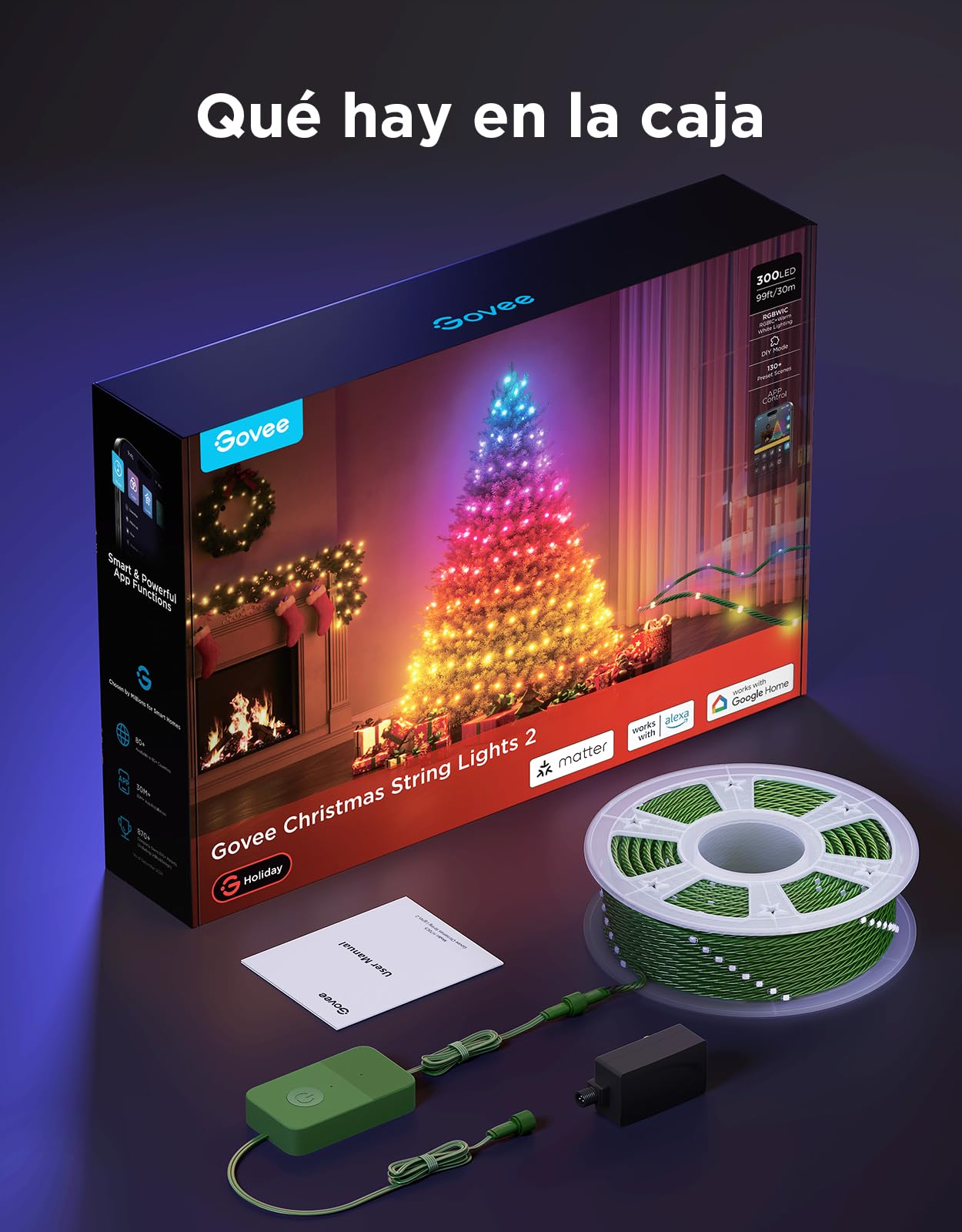 Govee RGBWIC Luces Árbol Navidad 30m, Compatible Alexa, Cables Verdes | 300 LEDs, 130+ Escenas, Interior/Exterior, Compatible Matter, Mapeo de Formas y AIGC, Decoración para Navidad y Halloween