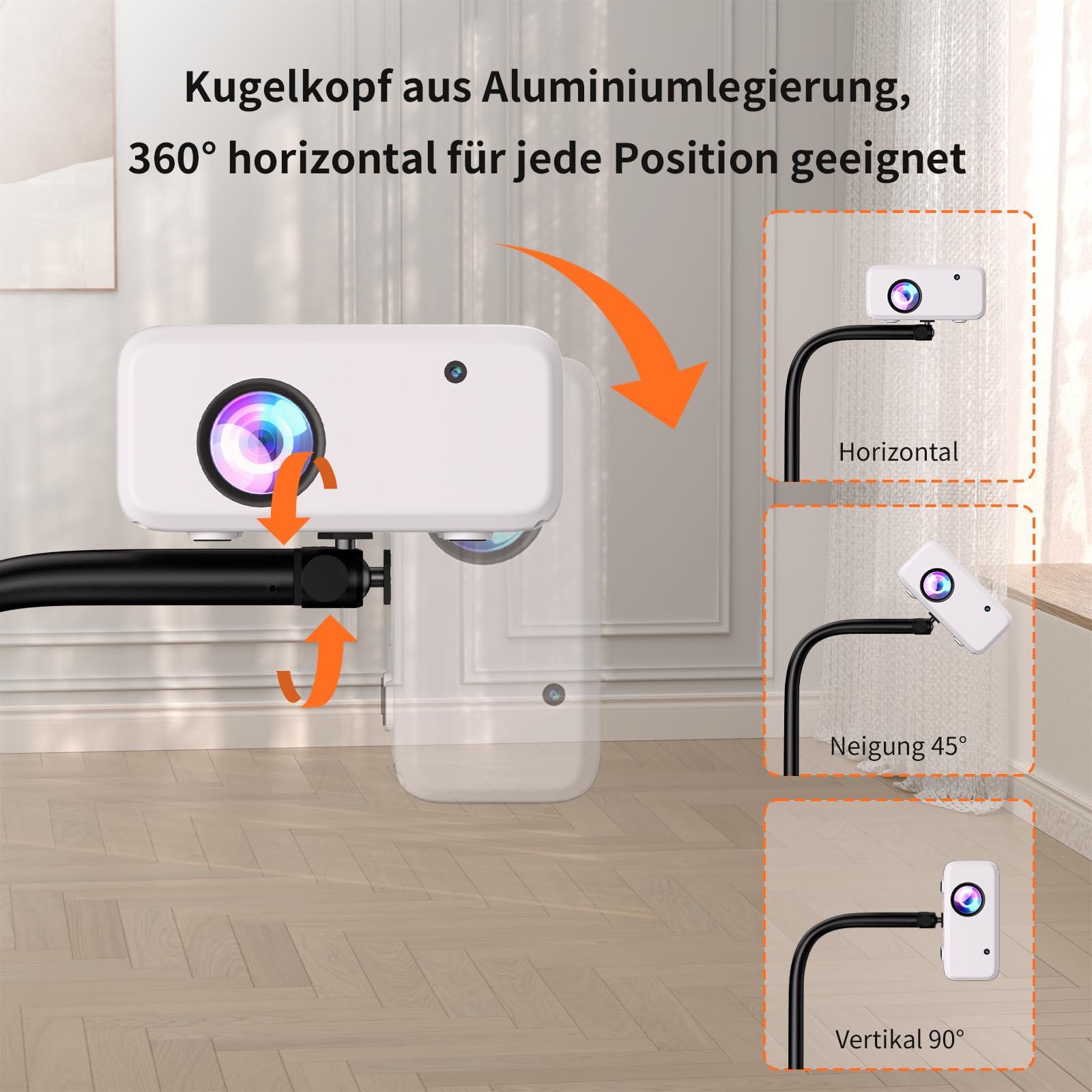 VISULAPEX 360°Beamer Ständer, L-Form Versteckter Beamer Halterung 80cm -145cm Höhenverstellbar, Tragkraft bis zu 10kg Mini Projektor Bodenhalterung Kompatibel mit Kameras, Handyhalterungen Webcams