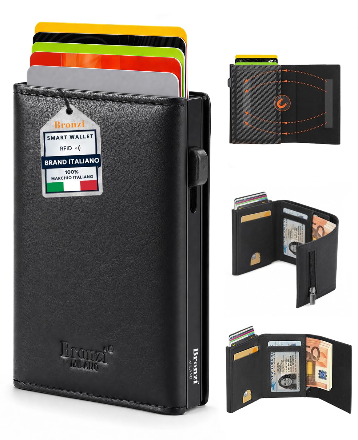 Bronzi PRO® Portafoglio Uomo Slim Piccolo | Portacarte Uomo Donna Portatessere Porta Carte Di Credito | Portafogli Mini Protezione RFID con Portamonete | Box Regalo - Brand Italiano |
