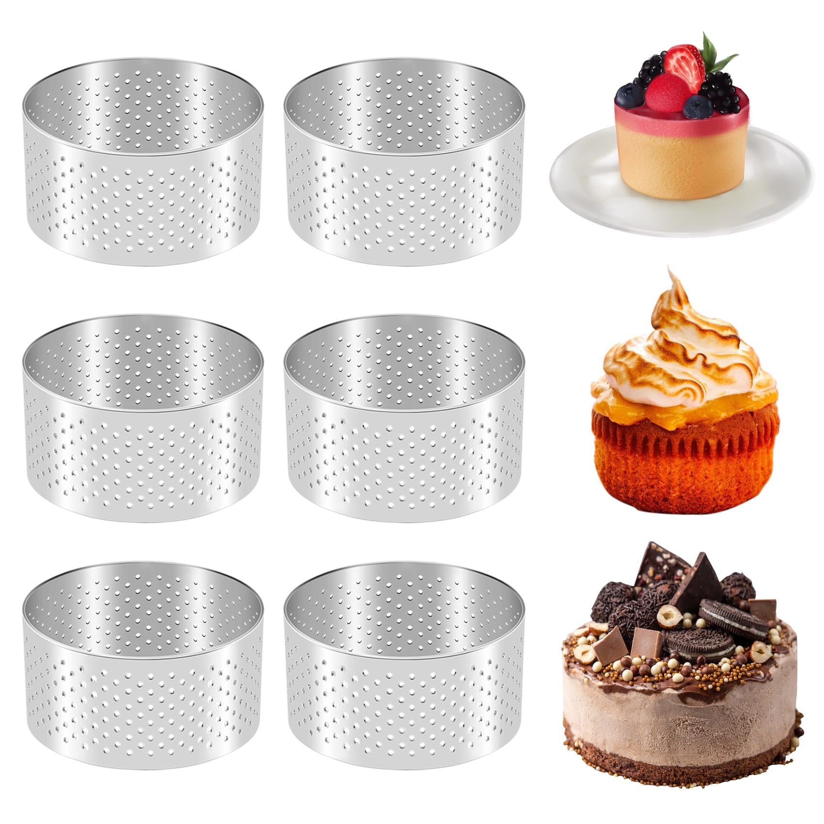 Aundhegrtt 6 Pieces Perforated Round Cake Ring for Baking, Stainless Steel Cake Ring with Holes, Cake Mold Mousse Ring French Dessert Baking Rings Donuts Biscuit Molds DIY Cake Rings