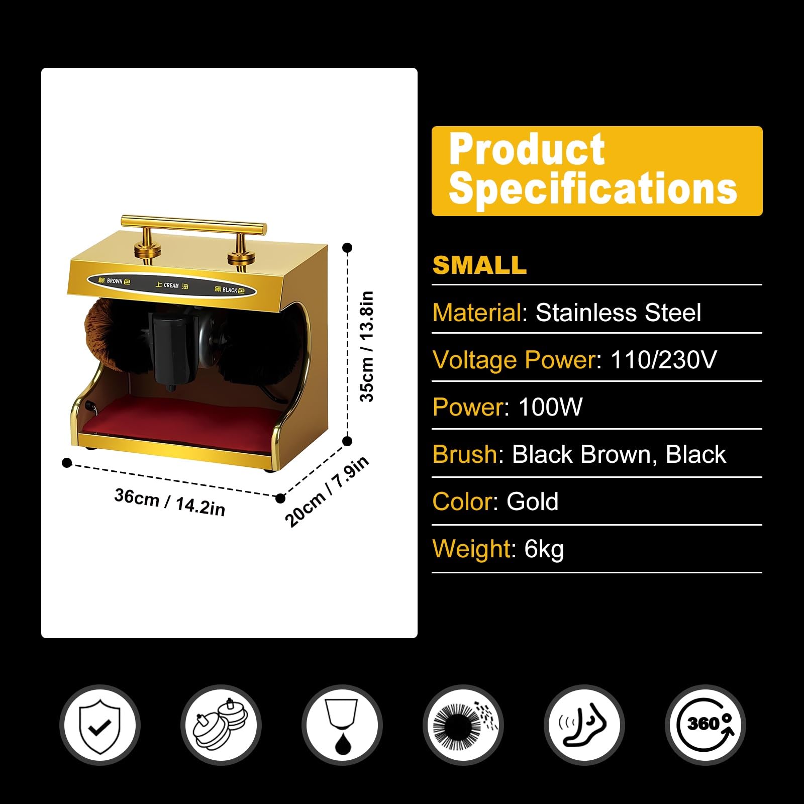 Lucidascarpe Automatica per Casa E Commercio, Macchina Lucidascarpe Elettrica Con Doppia Spazzola per Scarpe E Stivali, Uso Hotel, Ufficio O Aeroporto(Gold,Small)