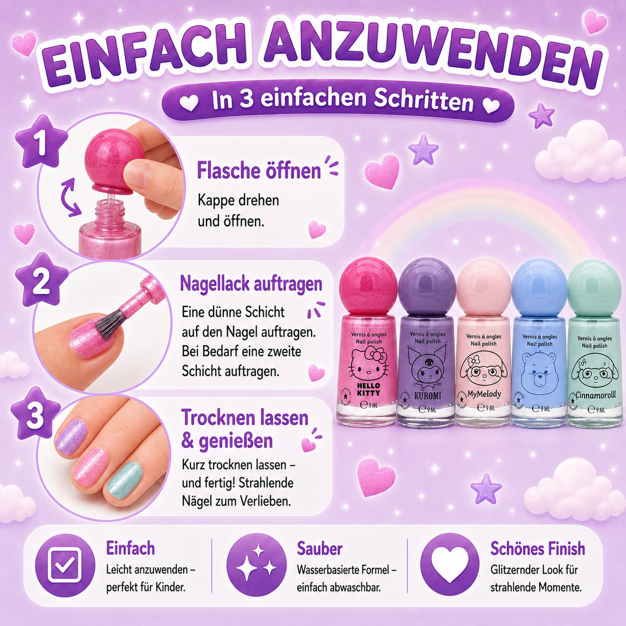 Hello Kitty, Melody, Kuromi, Cinnamoroll & Bisounours Lot de 5 vernis à ongles à paillettes végétaliens pour adultes – Séchage rapide, durable et testé dermatologiquement