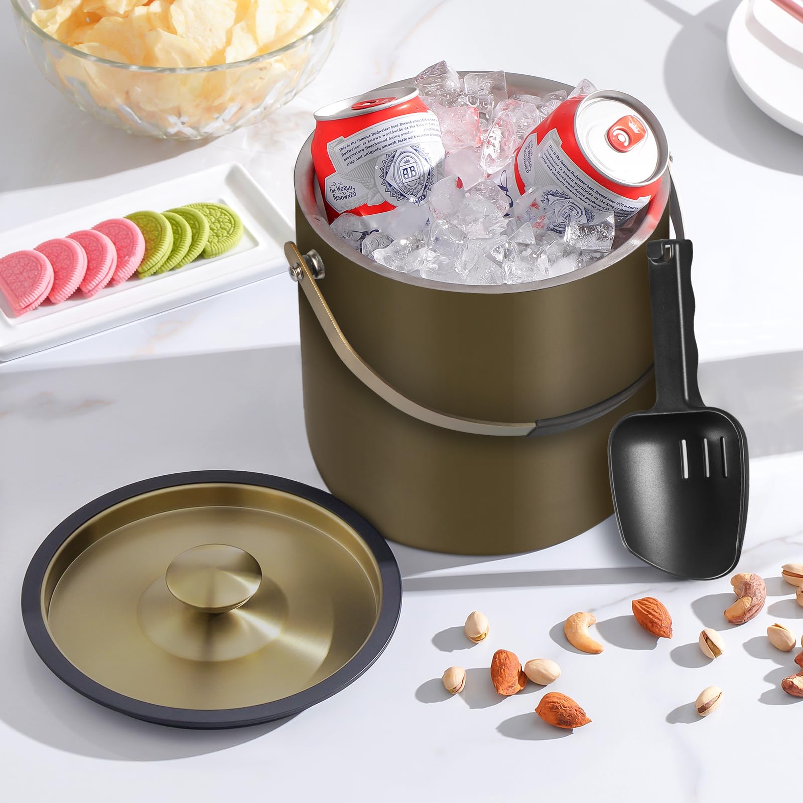 Seau à glace isotherme moderne de 3,2 l avec couvercle en silicone, cuillère, passoire, seau à glace à double paroi en acier inoxydable pour fêtes et bar à cocktails, idéal pour cadeau