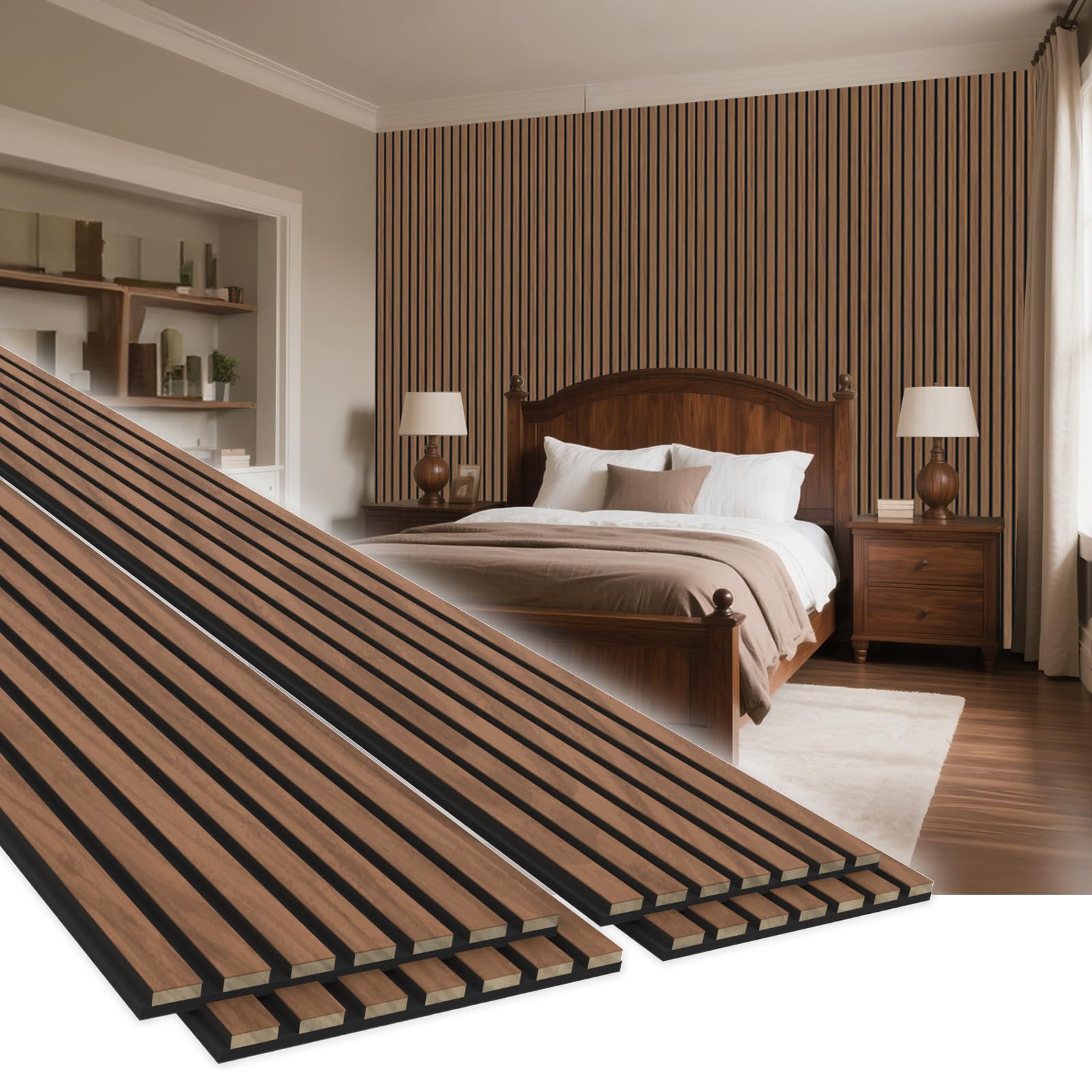 4 Pack 94.5" × 11" Wood Panels for Wall, Acoustic Soundproof Wall Slat Panels, 3D Wall Panels for Home Office Decoration, Walnut