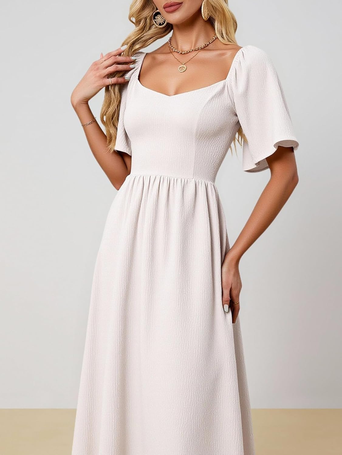 Women's Ruffle Short Sleeve Long Flowy Dress Scoop Neck Tie Back Flared A Line Vacation Dresses