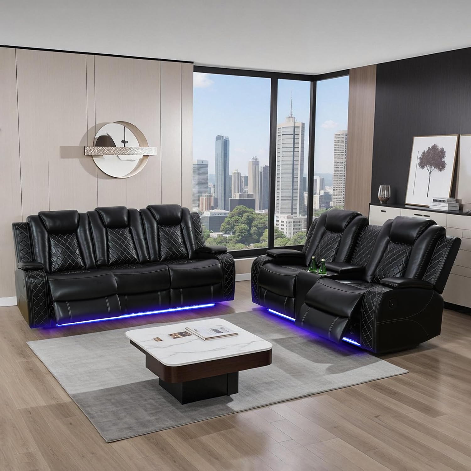 Power Recliner Sofa Set, Leather Reclining Sofa Sets with LED Lights, Living Room Furniture Set, Loveseat with Console Storage, Recliner Couch with USB Port (Sofa and Loveseat, Black)