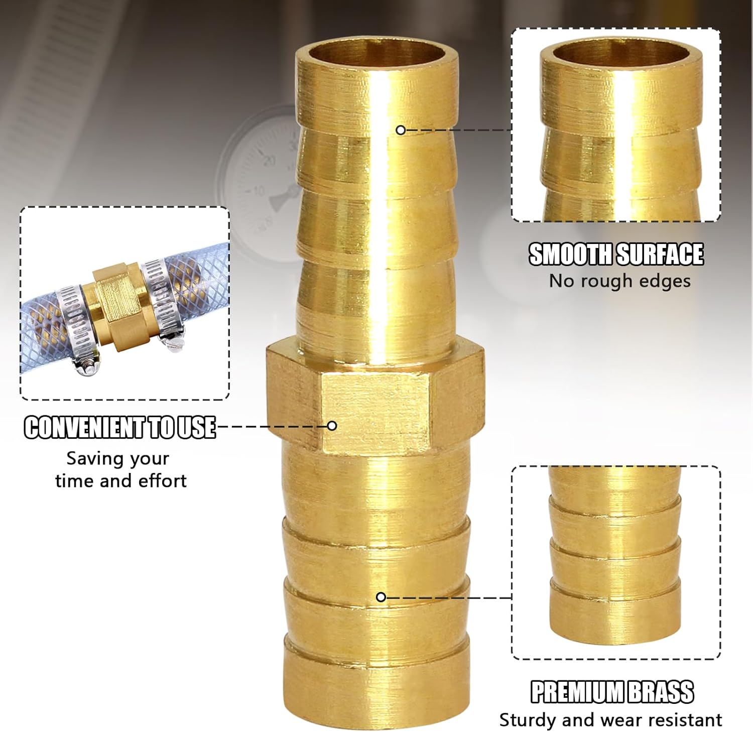 3 Pcs Brass Hose Barb Reducer, 1/2" to 3/8" OD Barb Reducer Splicer Mender Union Adapter Barbed Hose Fittings for Air Water Fuel