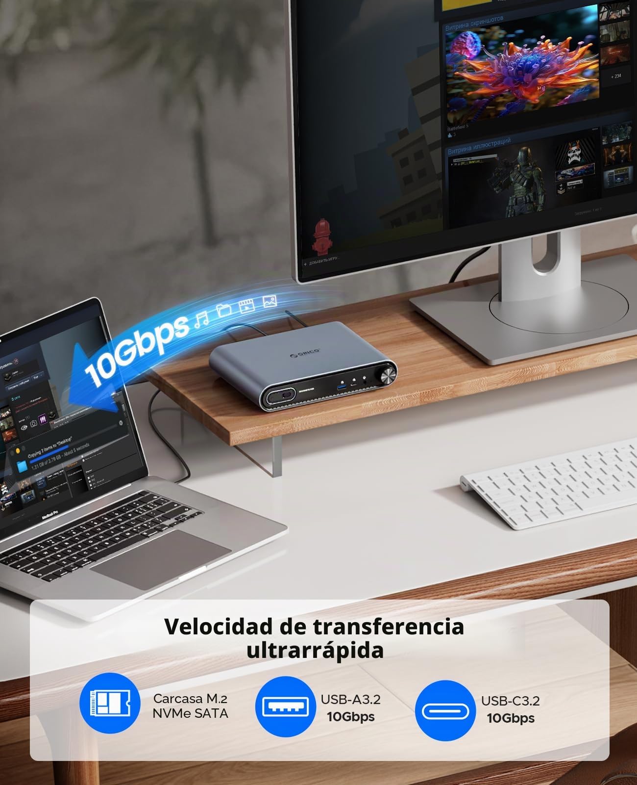 Base ORICO 10-en-1 USB-C con Carcasa SSD M.2 NVMe/SATA, USB 3.2 10Gbps, HDMI 4K@60Hz, PD 100W, RJ45, Audio 3,5mm - para MacBook Pro/Air (PTM1)