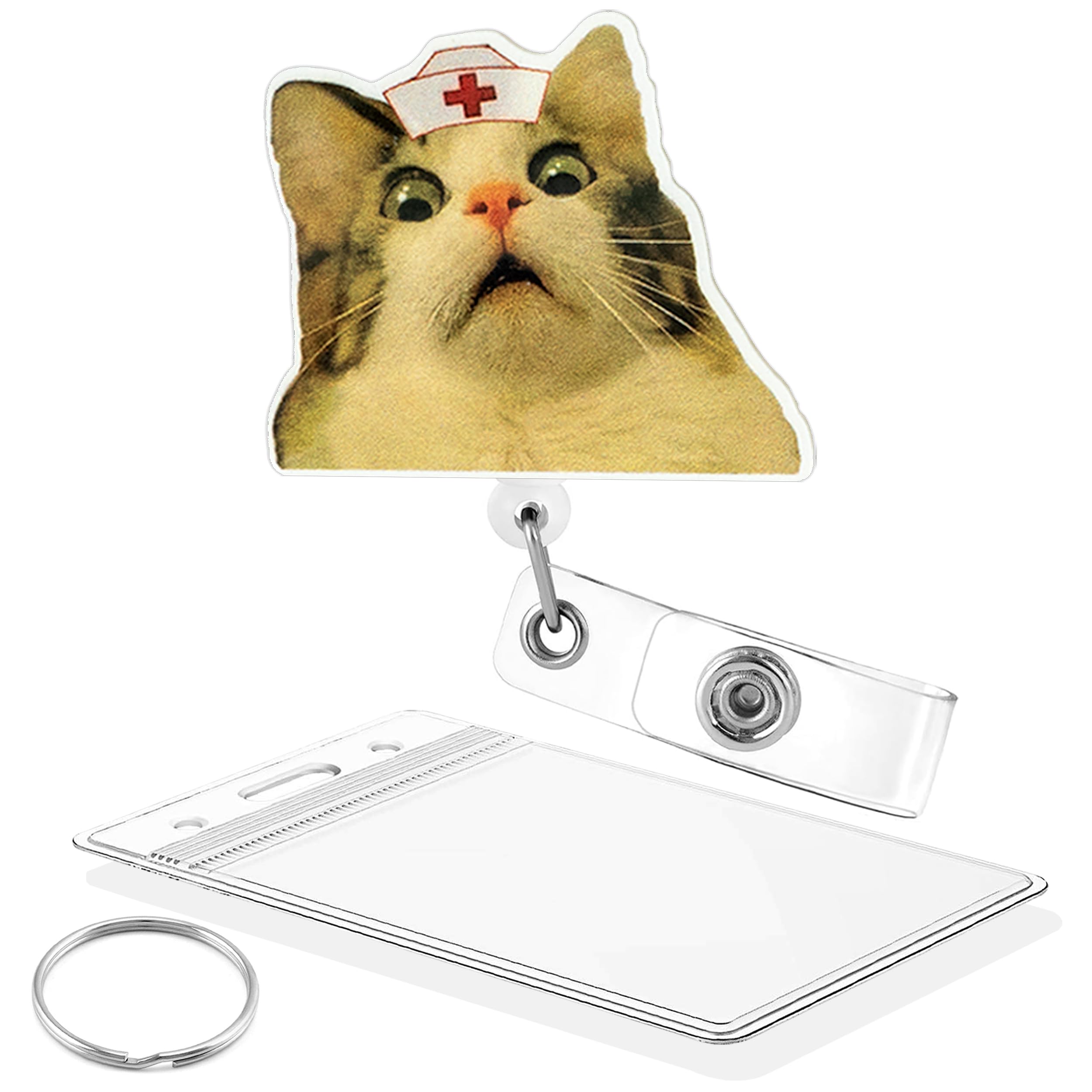 Celokiy Funny Cat Animal Badge Reel Retractable Alligator Clip with Clear Vertical ID Badge Holder Set, for Nurse,Doctor,Nursing Student,Medical Staff,Healthcare and Office Worker