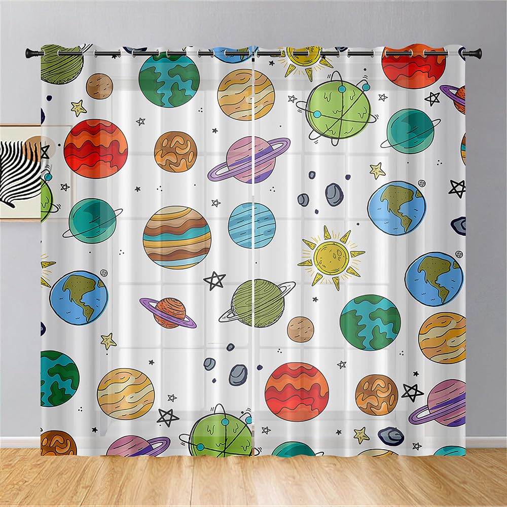 Surwin Translucidas Cortinas Salon, Dormitorio, Cocina - Cortinas y Visillos Planeta de Dibujos Animados, Visillos Cortos para Ventanas, 2 Piezas Cortina con Ojales (140x244cm,Planeta)