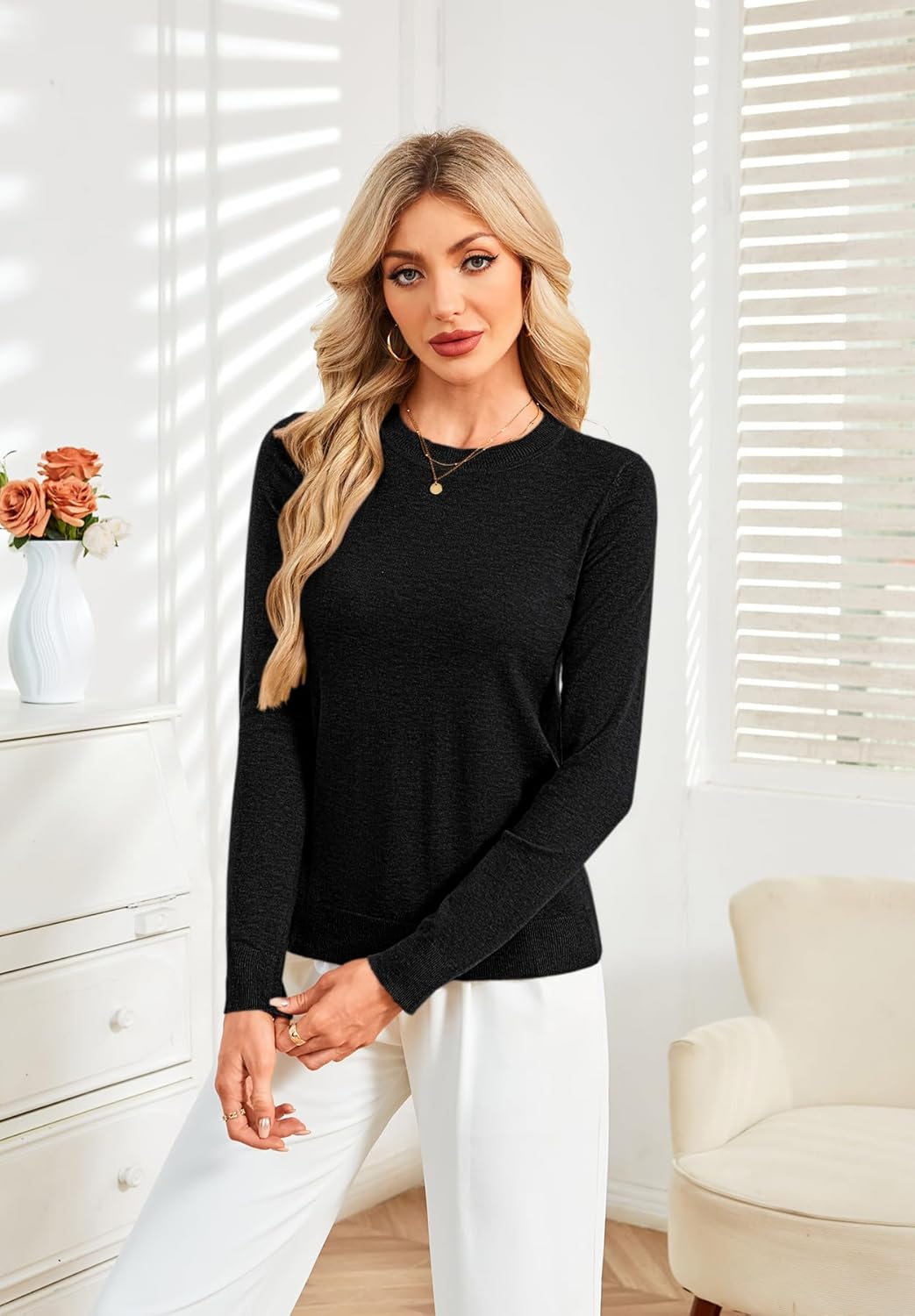 SimpleFun Womens Fall Sweaters Wool Blend Lightweight Long Sleeve Basic Crew Neck Pullover Sweater Tops Dressy Casual - Image 4