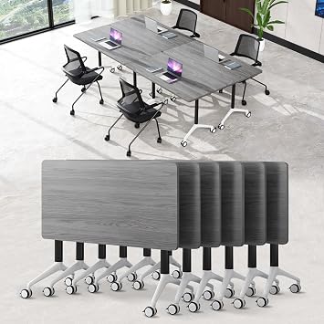 Movable Folding Conference Table,Modern Conference Room Table with Wheels,Rectangular Conference Table Business Style,for Office Classroom Training Meeting Room 6, Grey, 61.0in