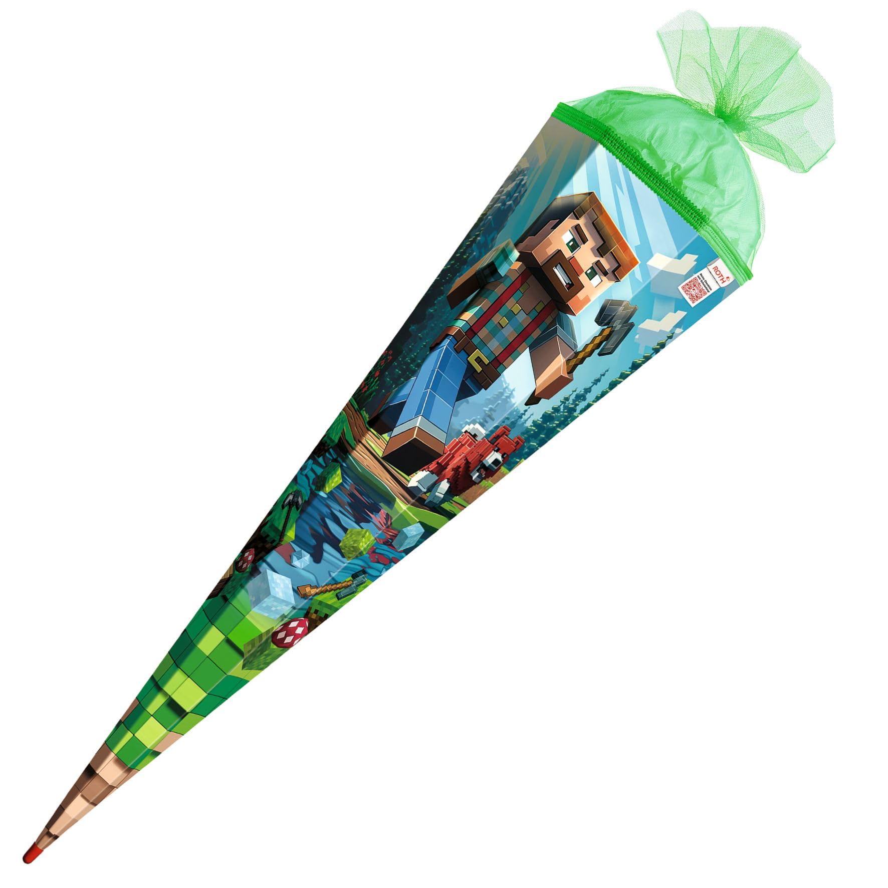ROTH Motiv-Schultüte „Block Game“ 100 cm groß, 6-eckig, mit Tüllverschluss Spitze, XXL Zuckertüte zum Schulanfang