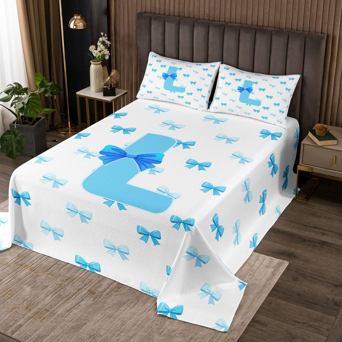 Feelyou Cute Blue Bow Bedspread King Size Ribbon Bow Knot Coverlet Set Personalized Initial L Quilted Coverlet for All Season with 2 Pillowcases Kawaii Microfiber Lightweight Princess Bowknot