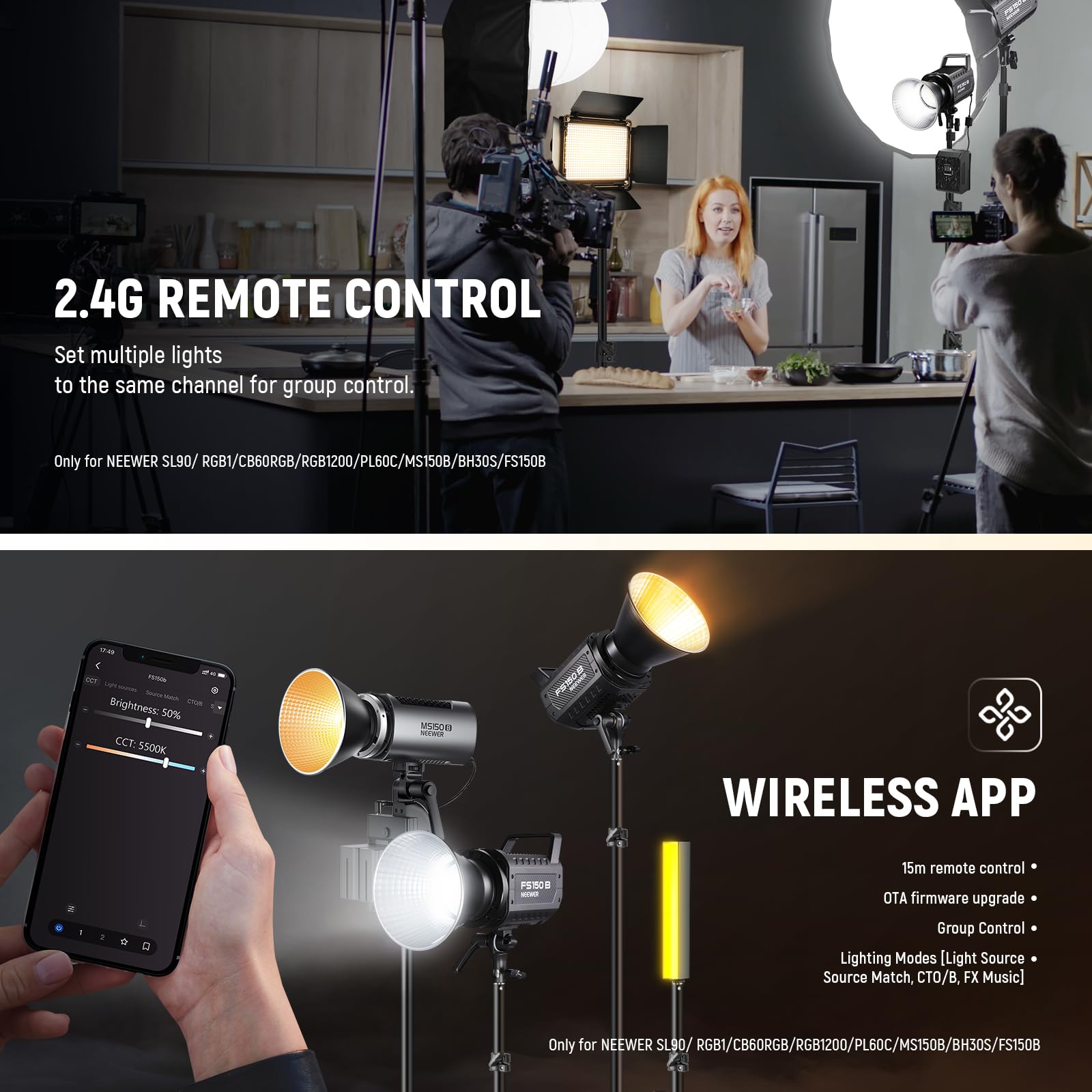 NEEWER FS150B LED Studio Video Light 2.4G/APP Control, 130W Bi Color COB Illuminazione in uscita continua con panno di pulizia per la fotografia Registrazione video 4 curve di oscuramento/2700K-6500K